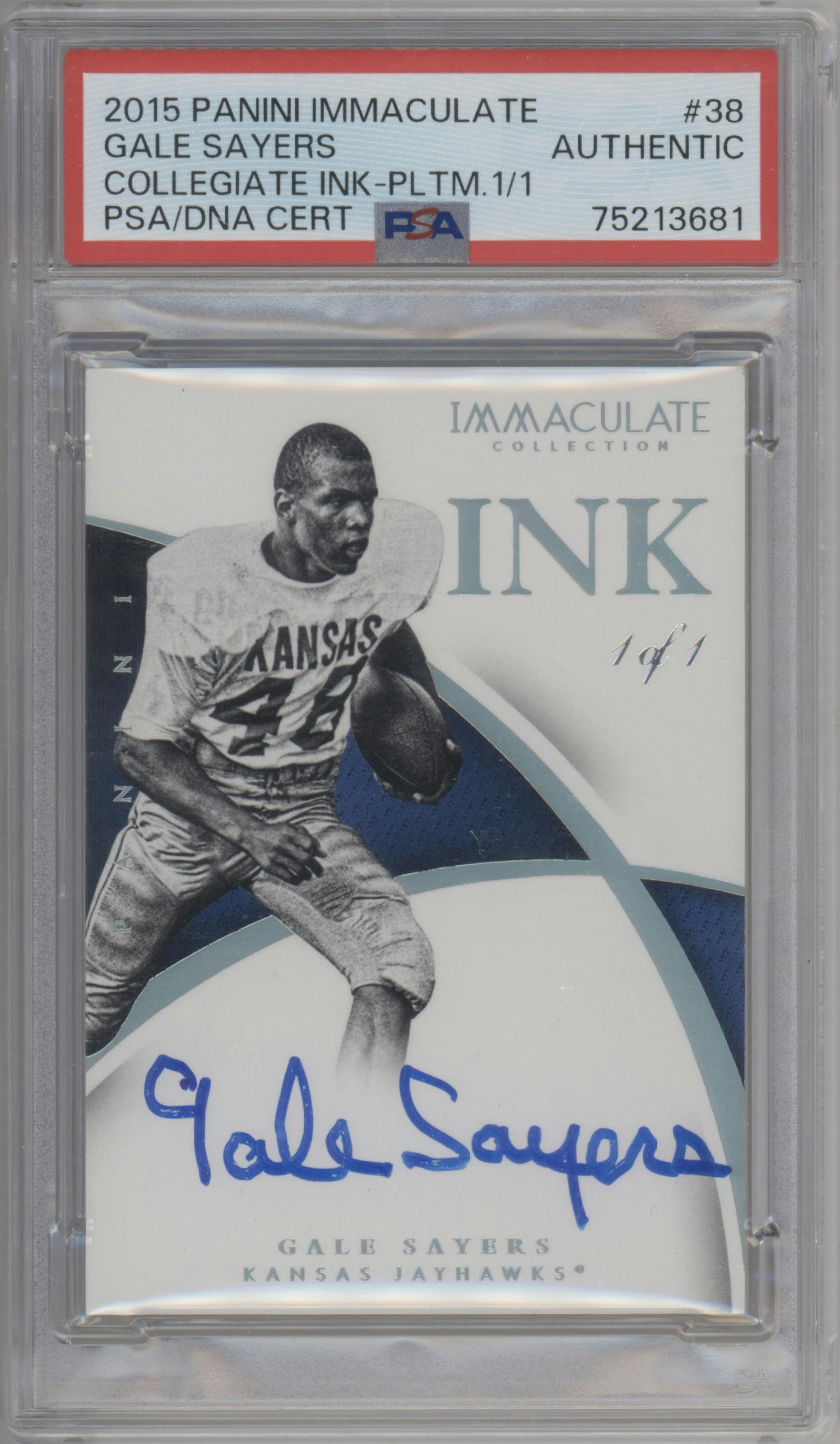 Gale Sayers from the 2015 Panini Immaculate Collegiate set featuring a Platinum parallel graded by PSA.