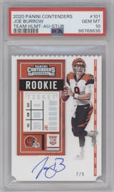 Joe Burrow from the 2020 Panini Contenders set featuring a Stub parallel graded by PSA and given an overall grade of 10.