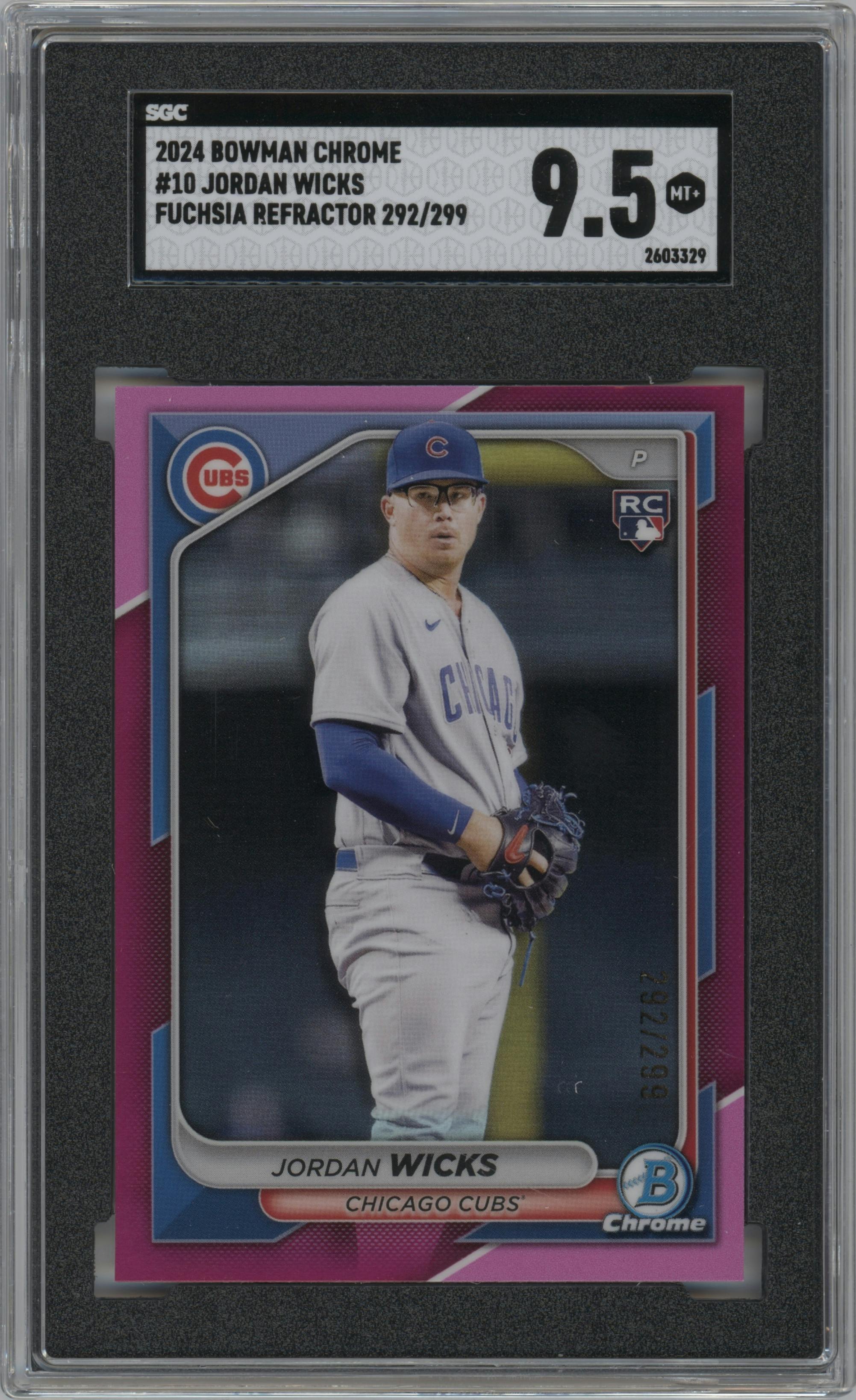 Jordan Wicks from the 2024 Bowman Chrome set featuring a Fuchsia Refractor parallel graded by SGC and given an overall grade of 9.5.