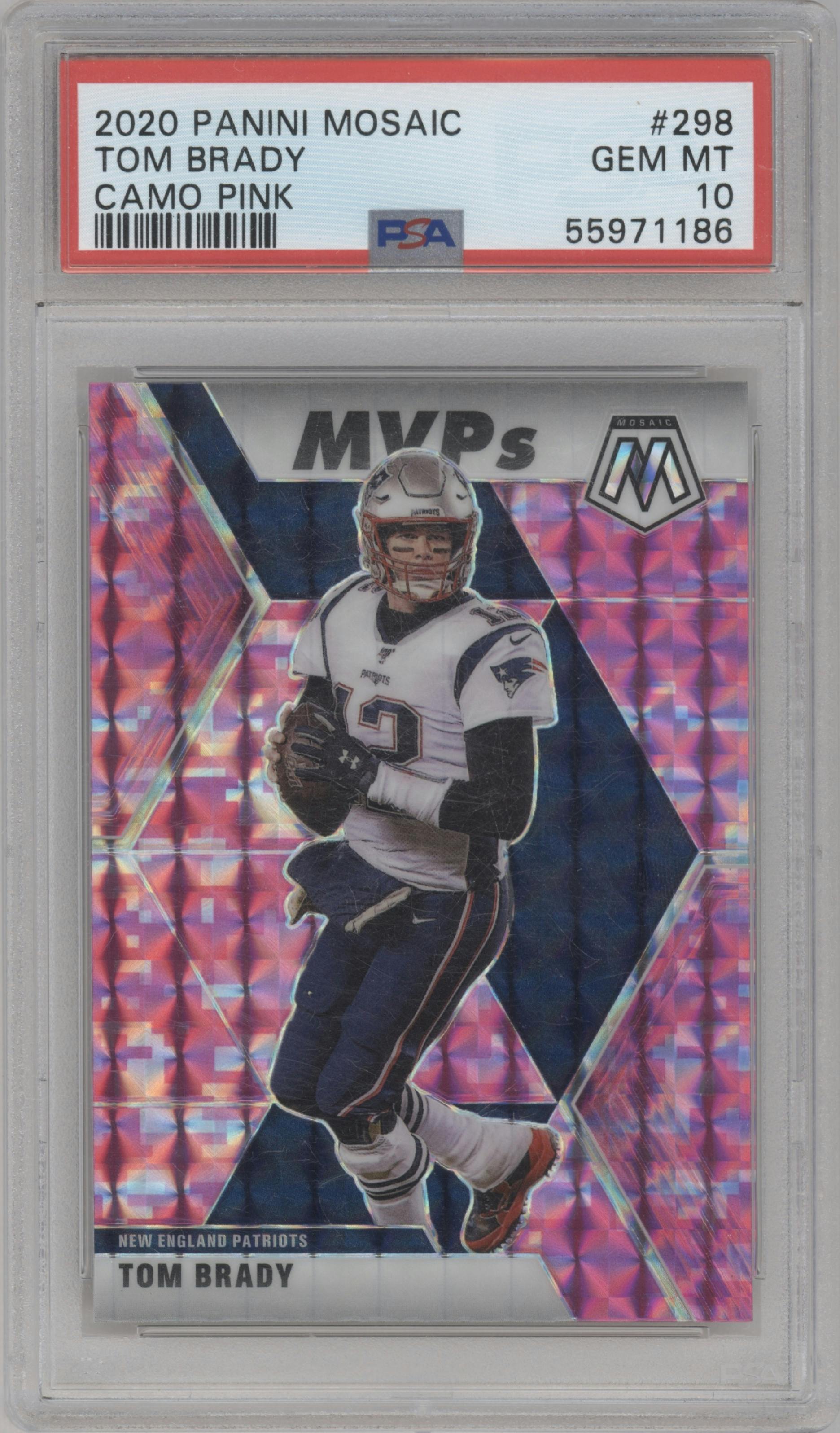 Tom Brady from the 2020 Panini Mosaic set featuring a Pink Camo parallel graded by PSA and given an overall grade of 10.