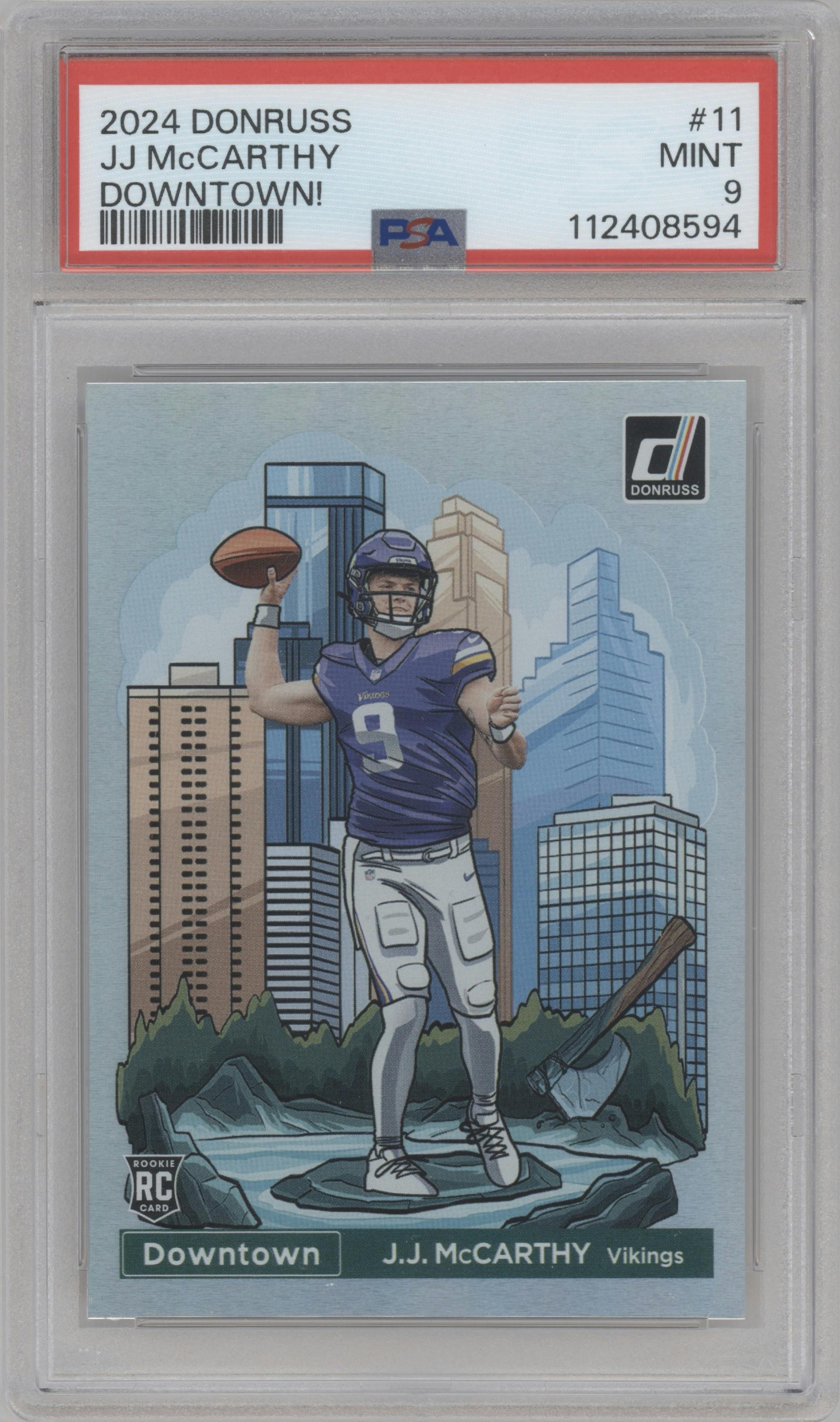 J.J. McCarthy from the 2024 Donruss set graded by PSA and given an overall grade of 9.