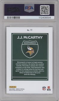 J.J. McCarthy from the 2024 Donruss set graded by PSA and given an overall grade of 9.