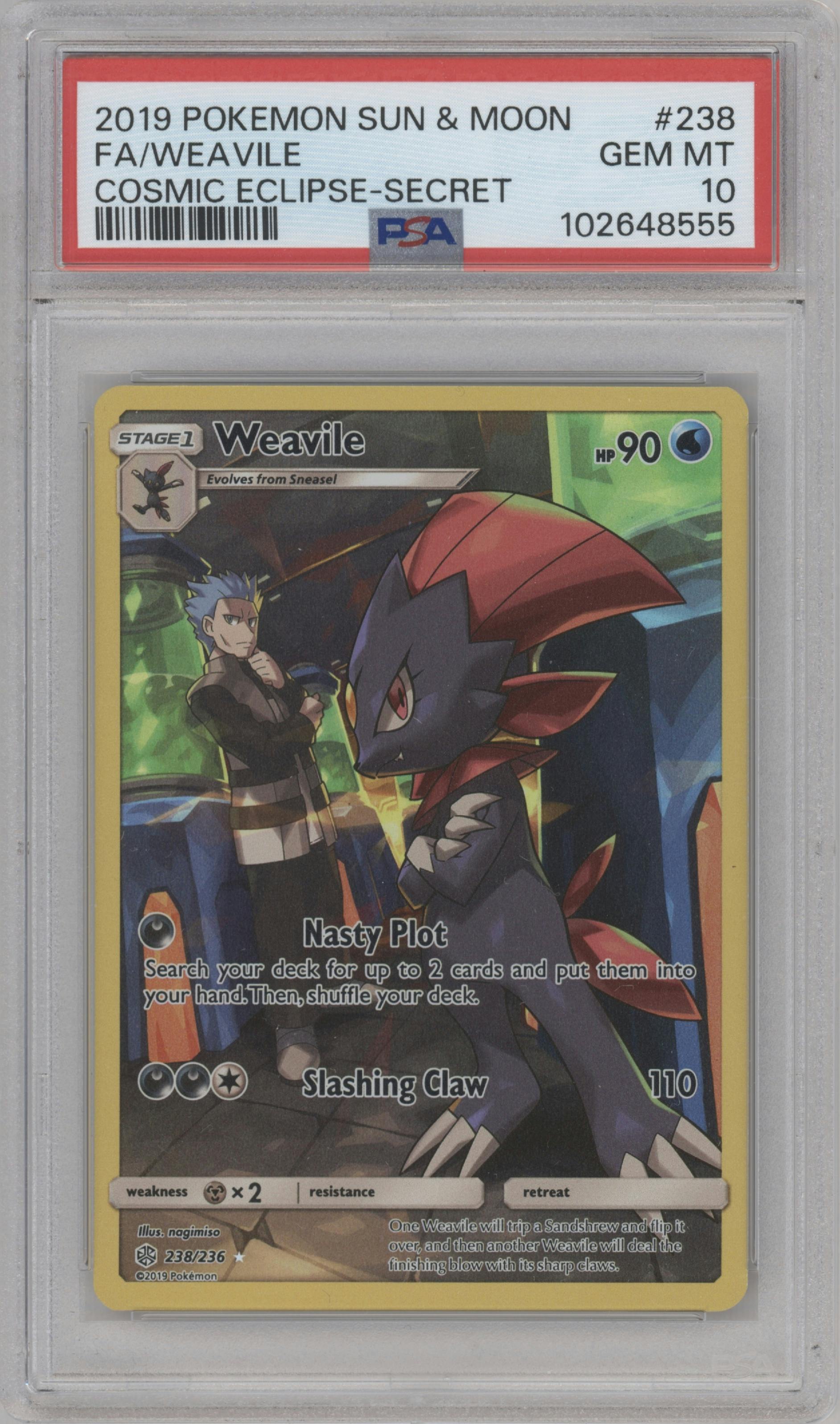Weavile from the 2019 Pokemon S&M  set graded by PSA and given an overall grade of 10.
