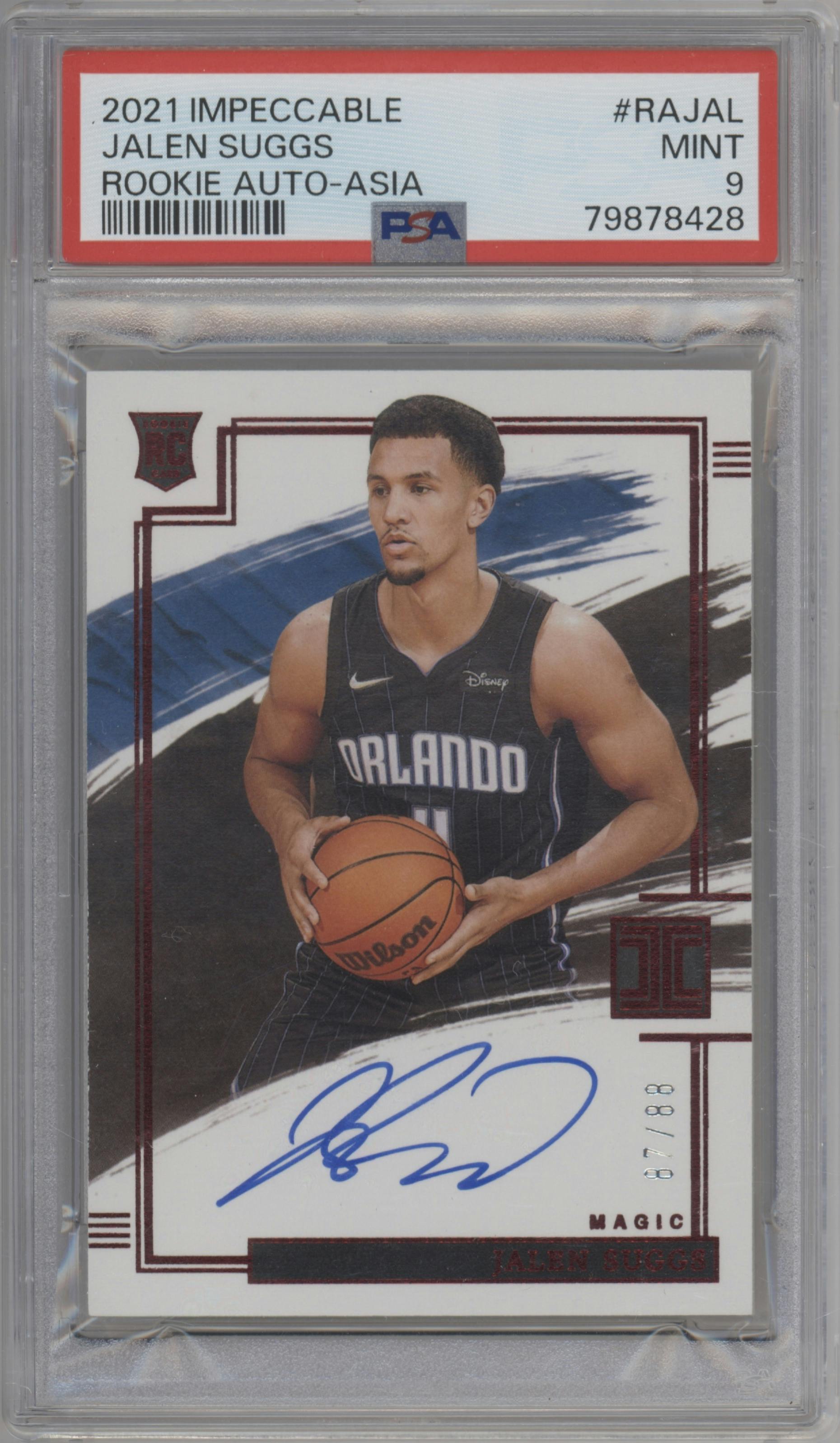 Jalen Suggs from the 2021-22 Panini Impeccable  set featuring a Asia parallel graded by PSA and given an overall grade of 9.