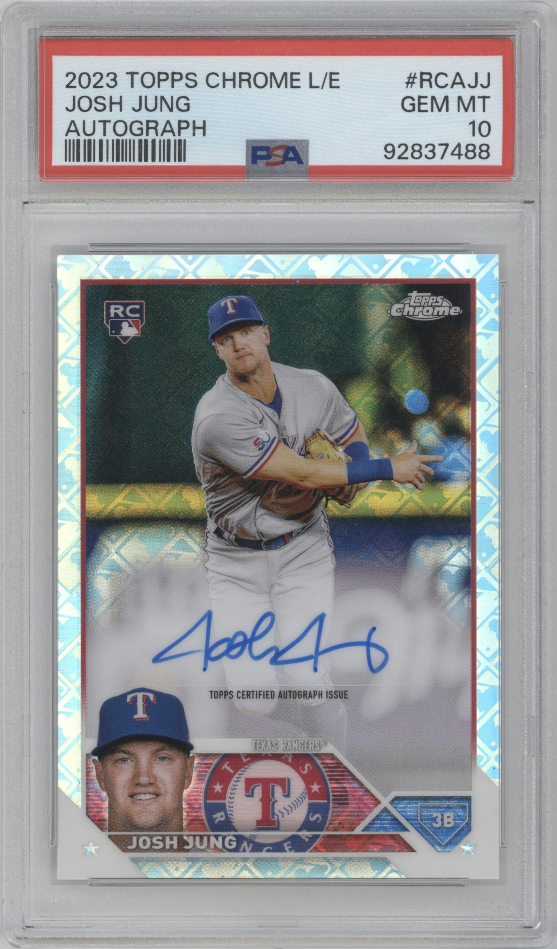 Josh Jung from the 2023 Topps Chrome Logofractor Edition set graded by PSA and given an overall grade of 10.