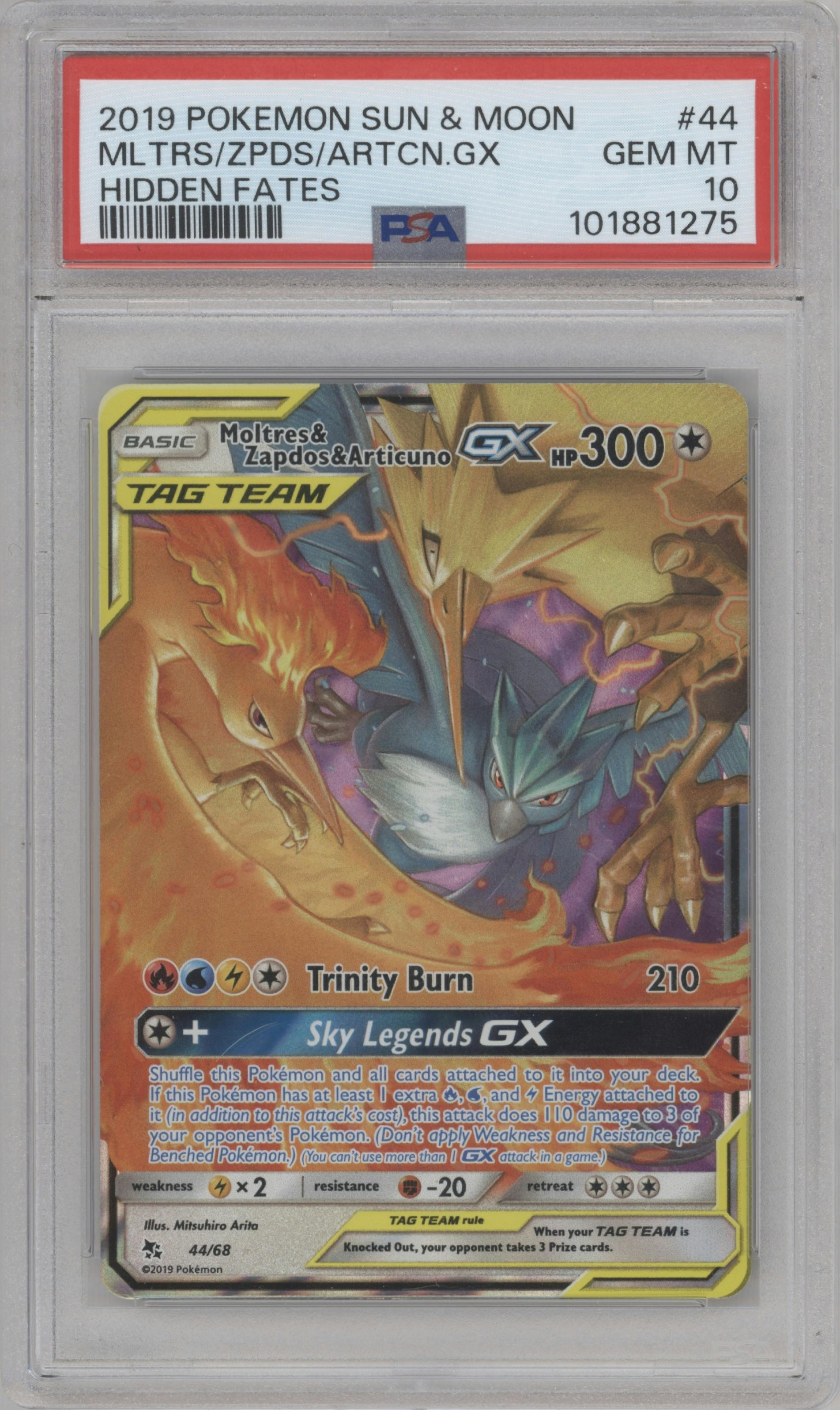 Moltres & Zapdos & Articuno GX from the 2019 Pokemon S&M  set graded by PSA and given an overall grade of 10.