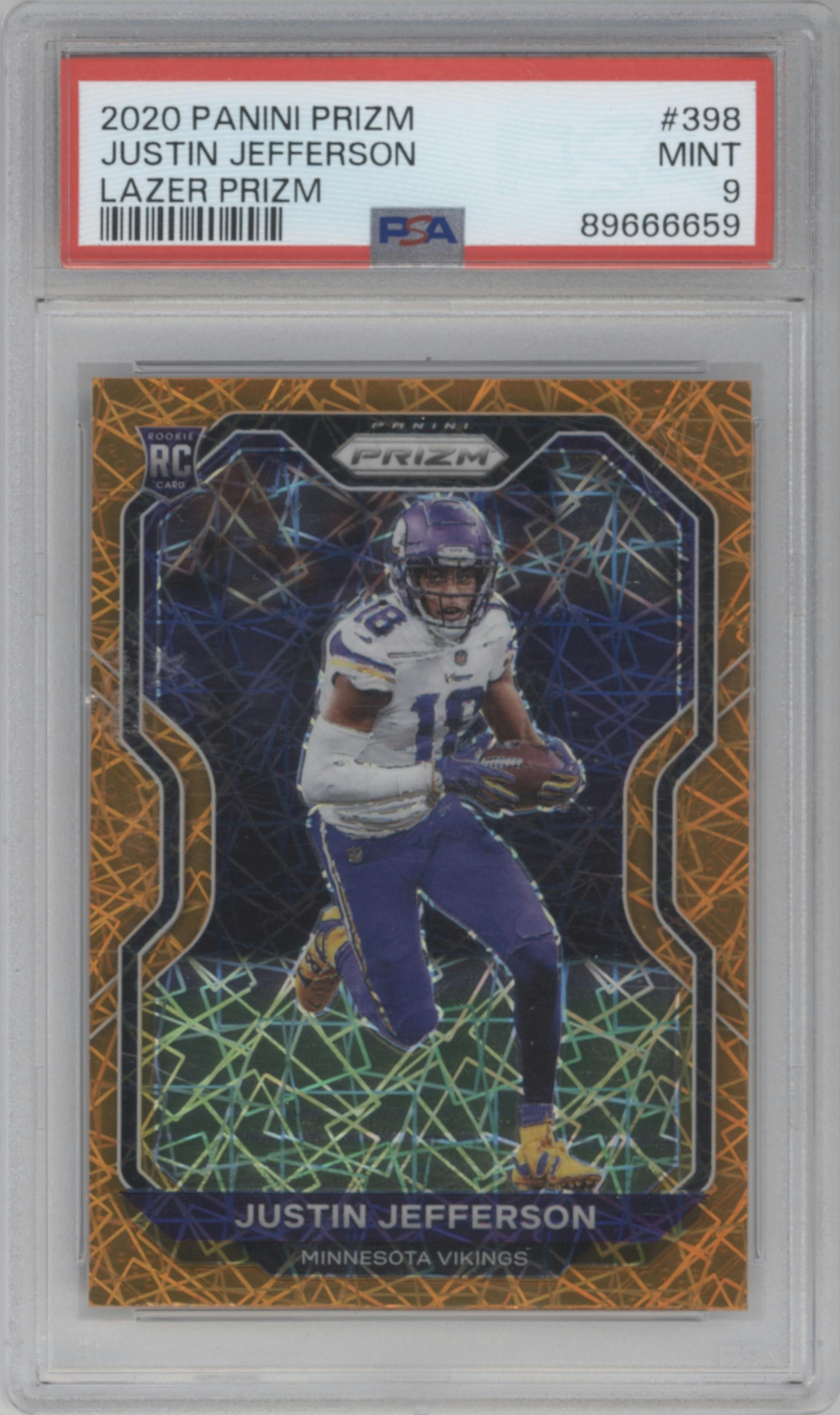 Justin Jefferson from the 2020 Panini Prizm set featuring a Lazer parallel graded by PSA and given an overall grade of 9.