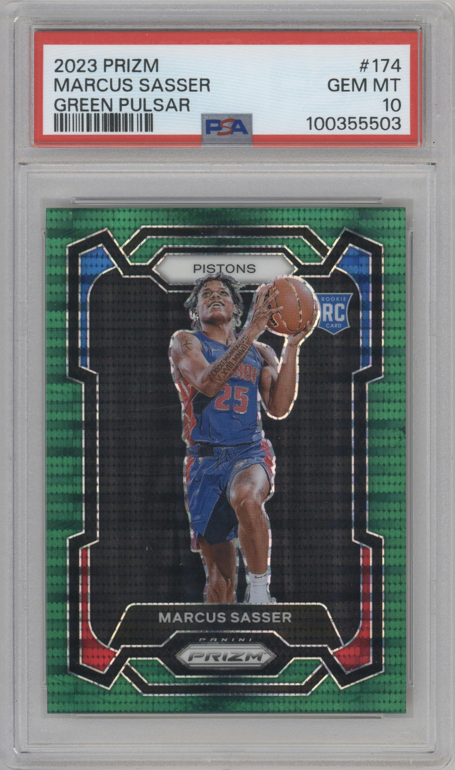 Marcus Sasser from the 2023-24 Panini Prizm set featuring a Green Pulsar parallel graded by PSA and given an overall grade of 10.
