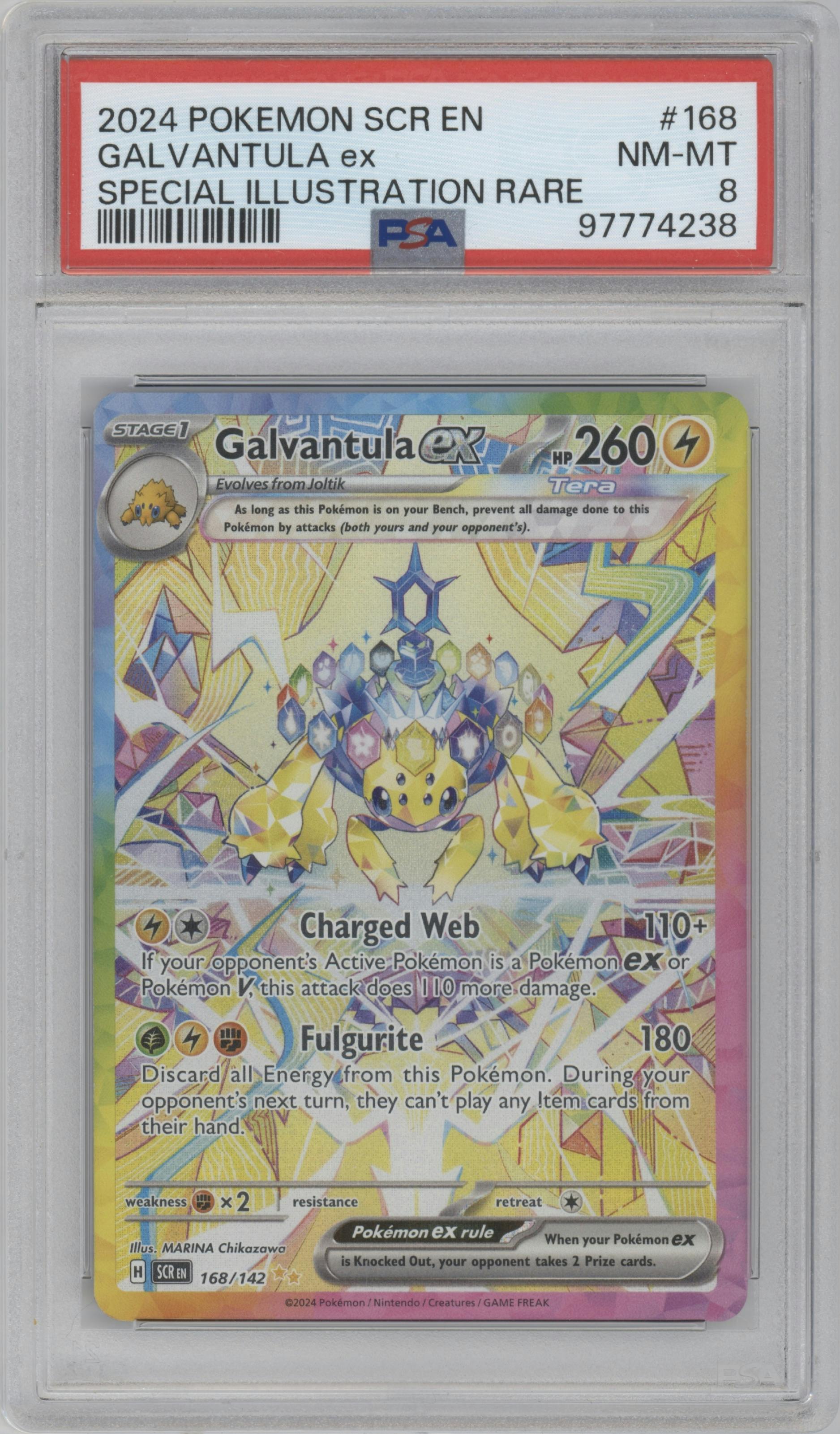 Galvantula ex from the 2024 Pokemon SV set graded by PSA and given an overall grade of 8.