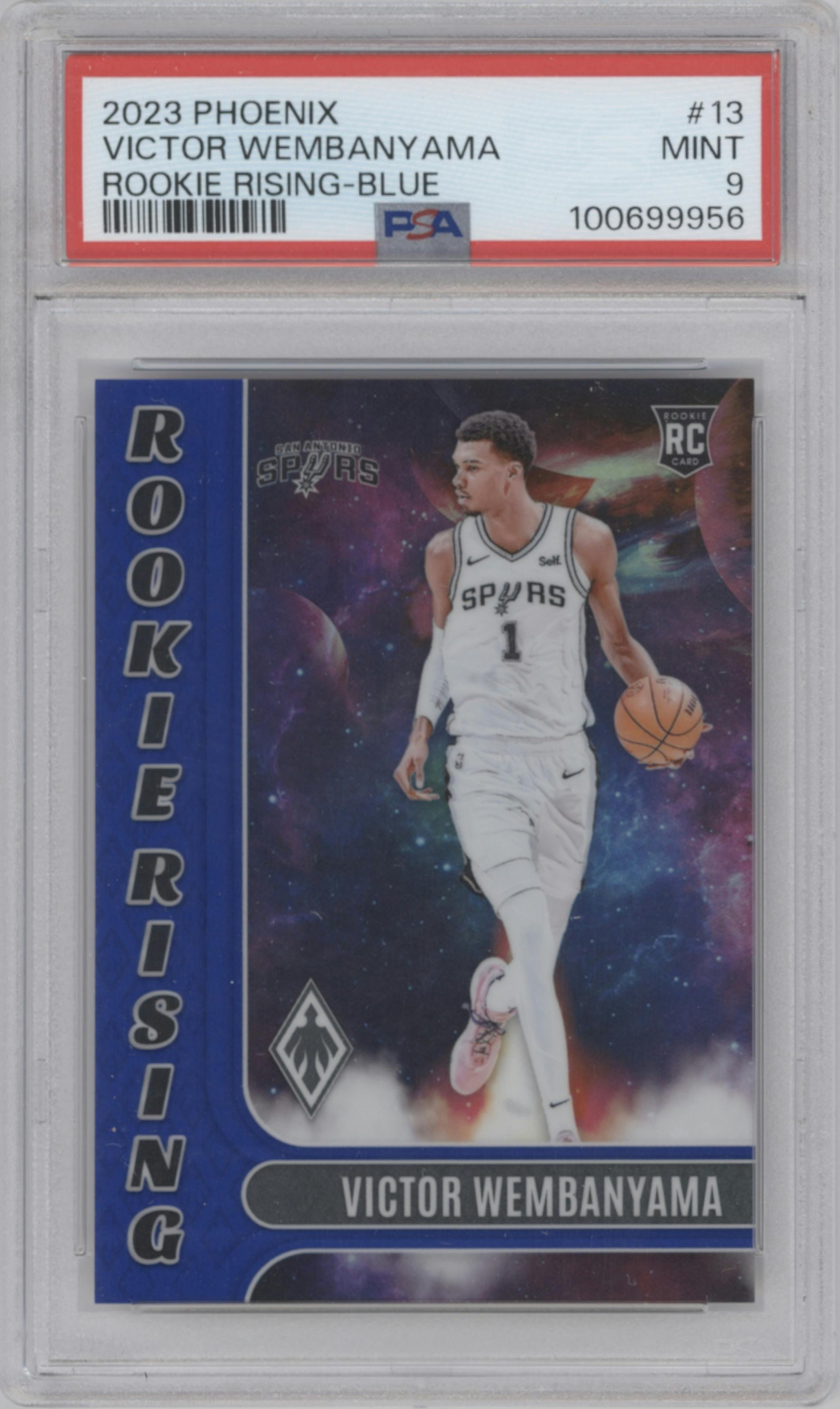 Victor Wembanyama from the 2023-24 Panini Phoenix set featuring a Blue parallel graded by PSA and given an overall grade of 9.