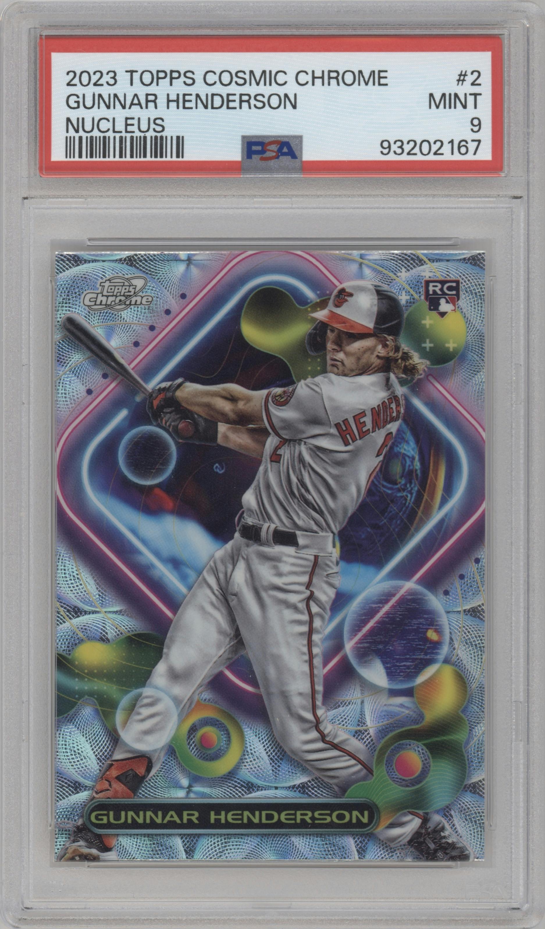 Gunnar Henderson from the 2023 Topps Cosmic Chrome set featuring a Nucleus Refractor parallel graded by PSA and given an overall grade of 9.
