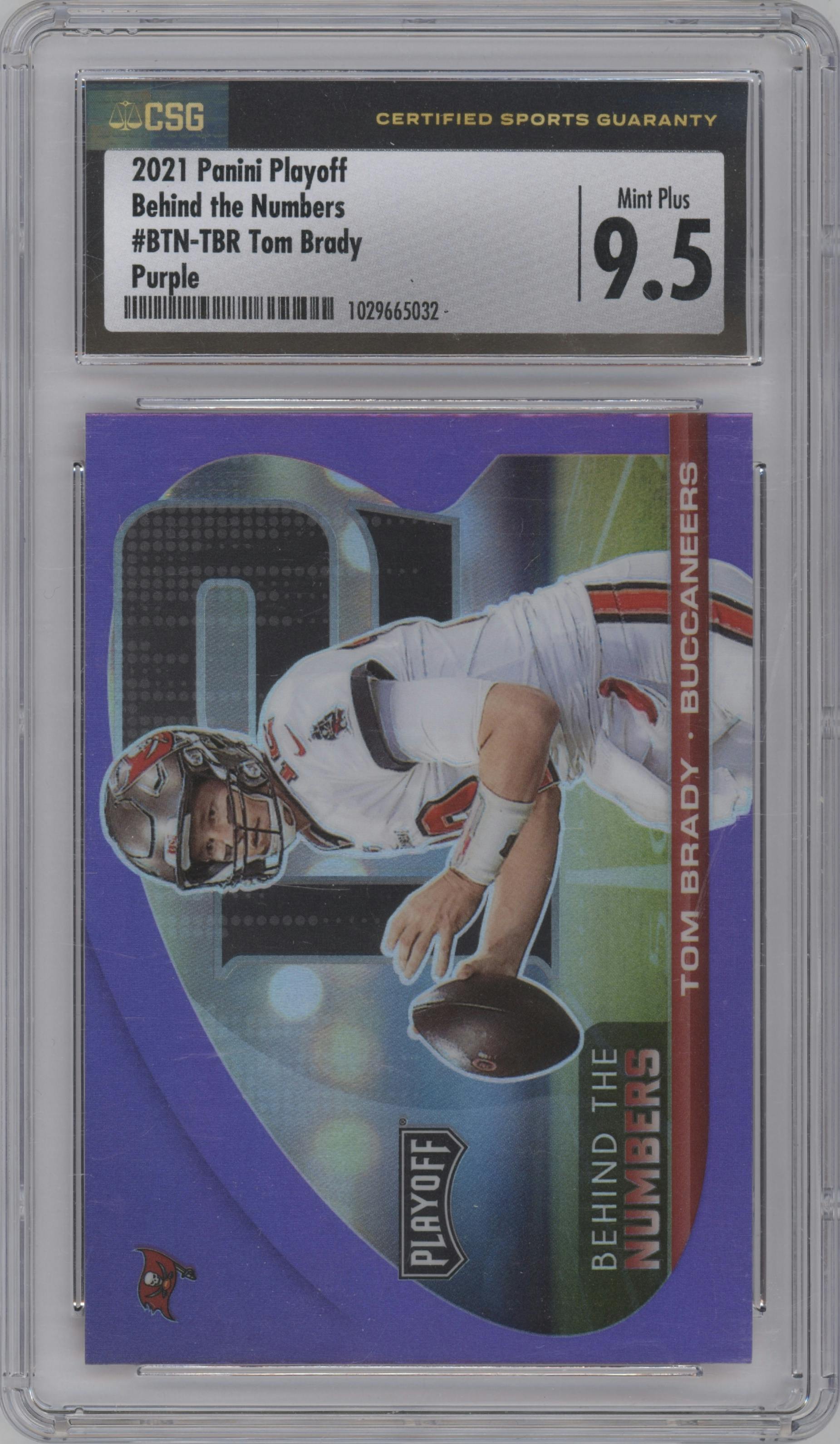 Tom Brady from the 2021 Panini Playoff set featuring a Purple parallel graded by CSG and given an overall grade of 9.5.