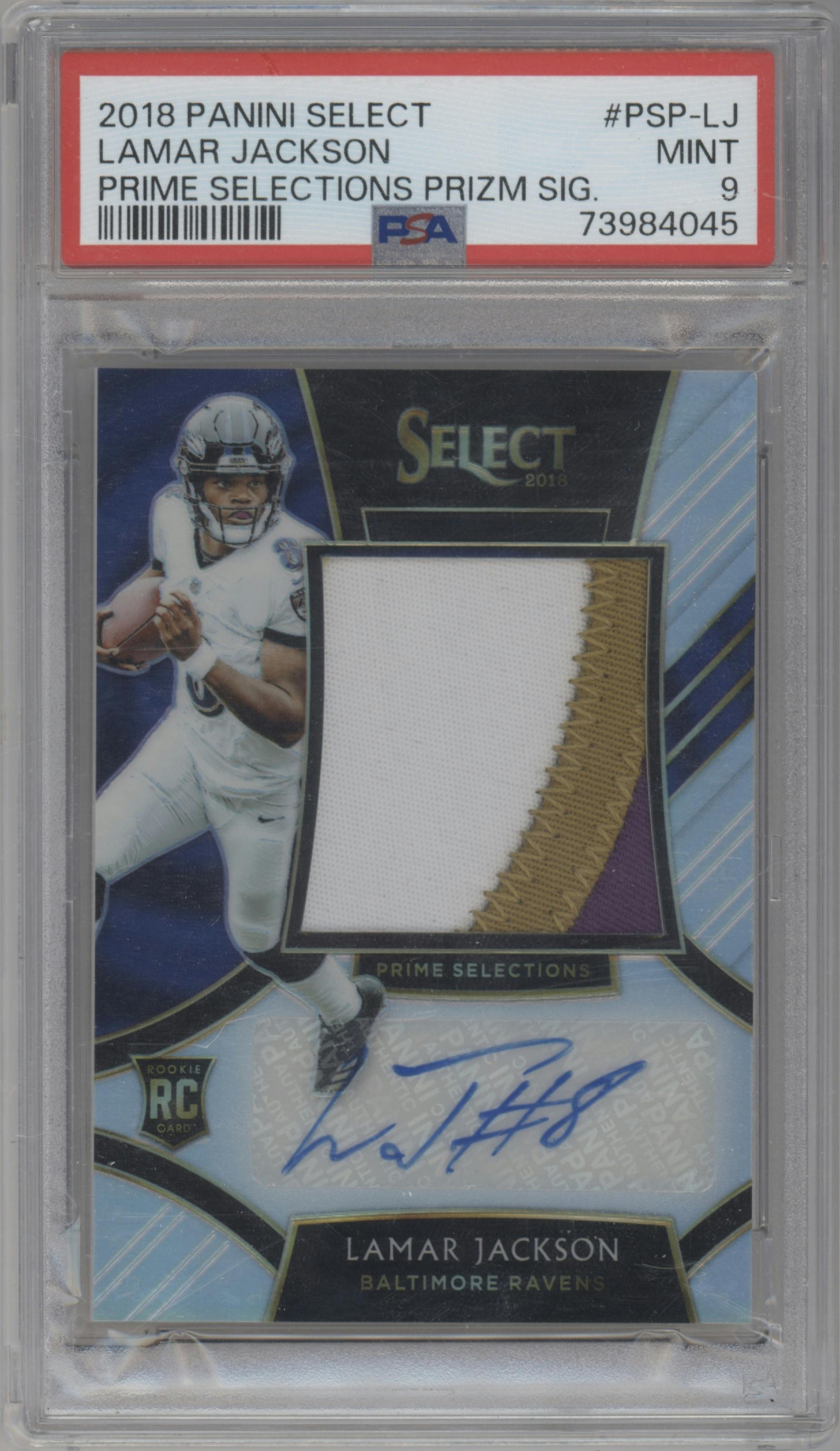 Lamar Jackson from the 2018 Panini Select set graded by PSA and given an overall grade of 9.