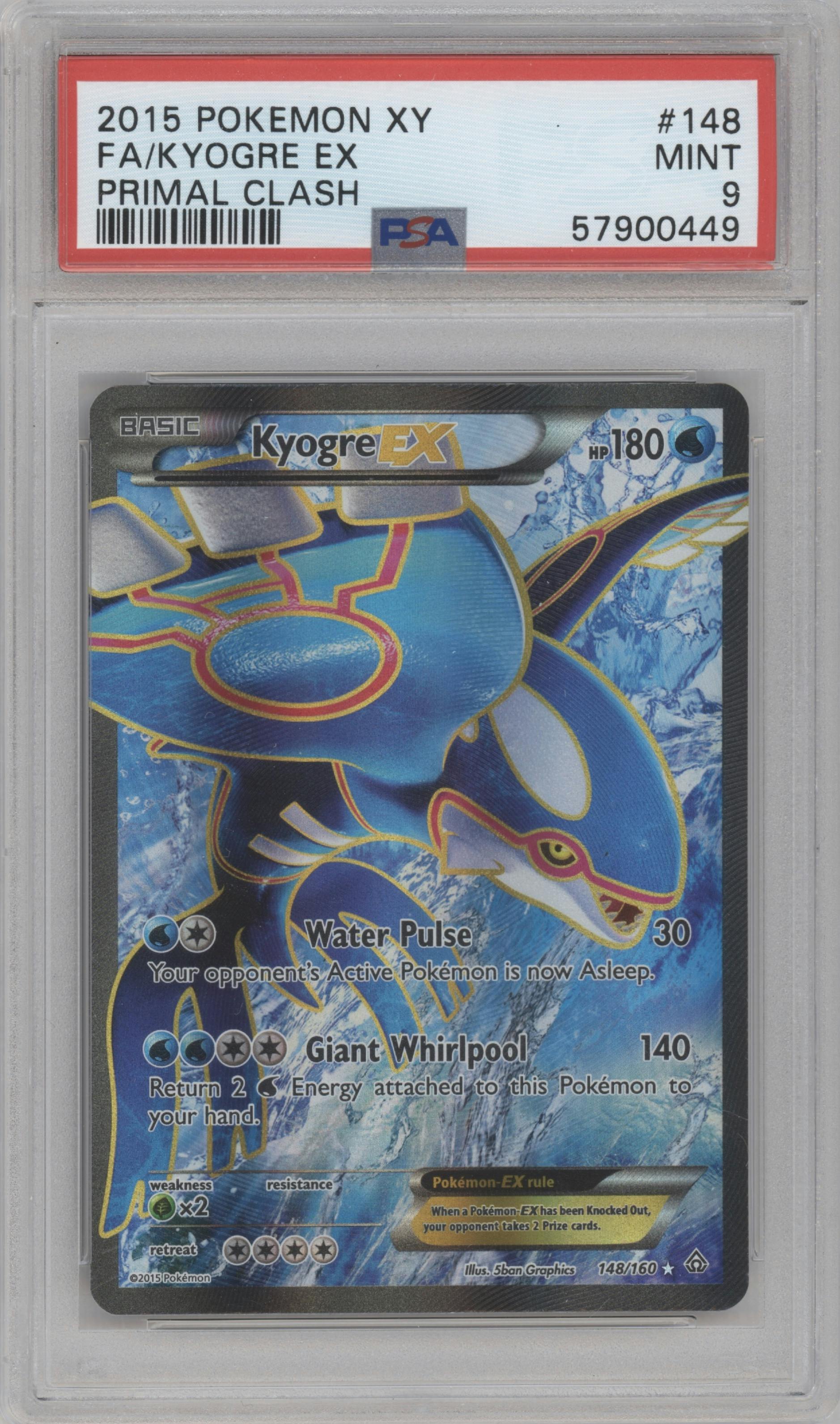 Kyogre EX from the 2015 Pokemon XY set graded by PSA and given an overall grade of 9.
