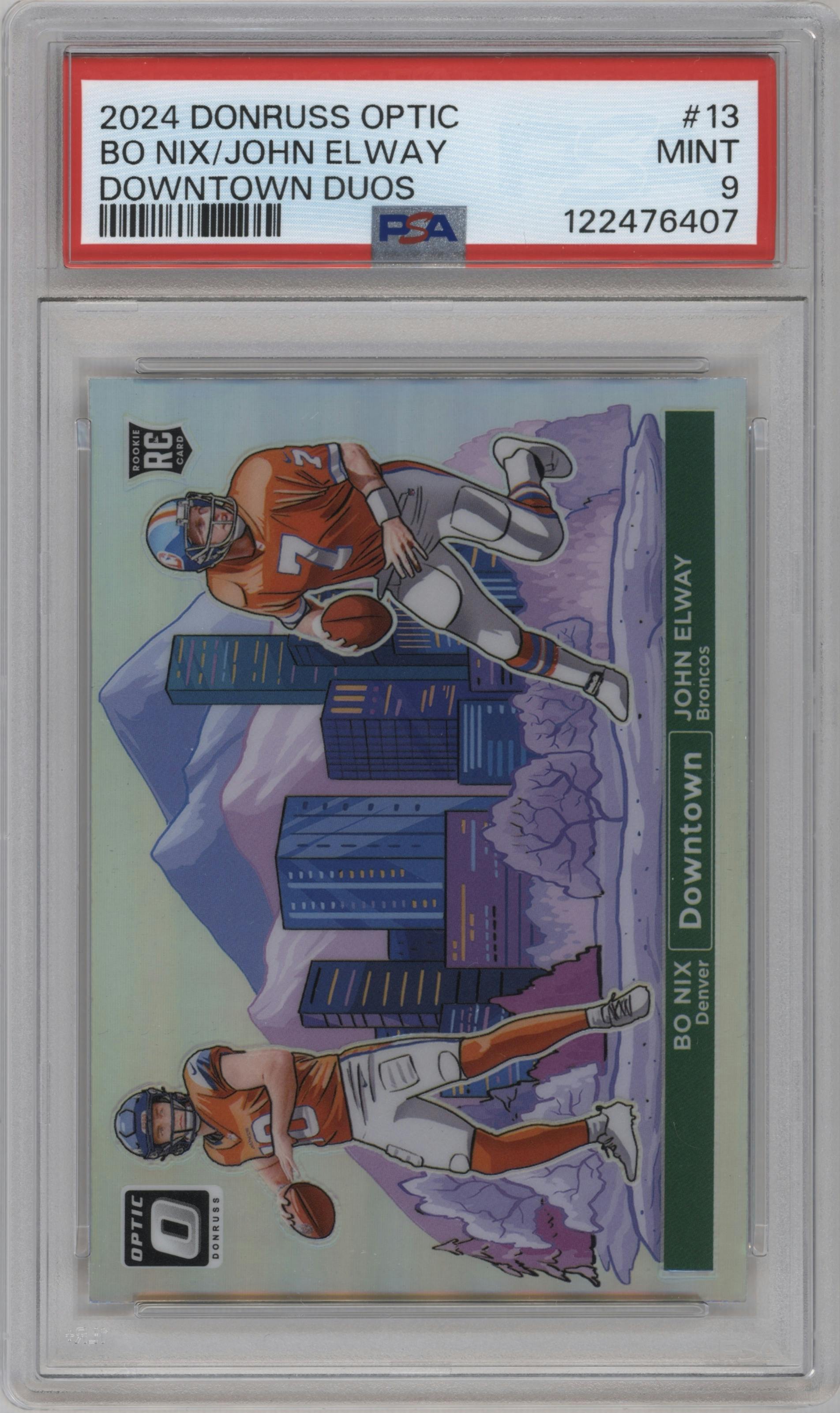 Bo Nix/John Elway from the 2024 Donruss Optic set graded by PSA and given an overall grade of 9.