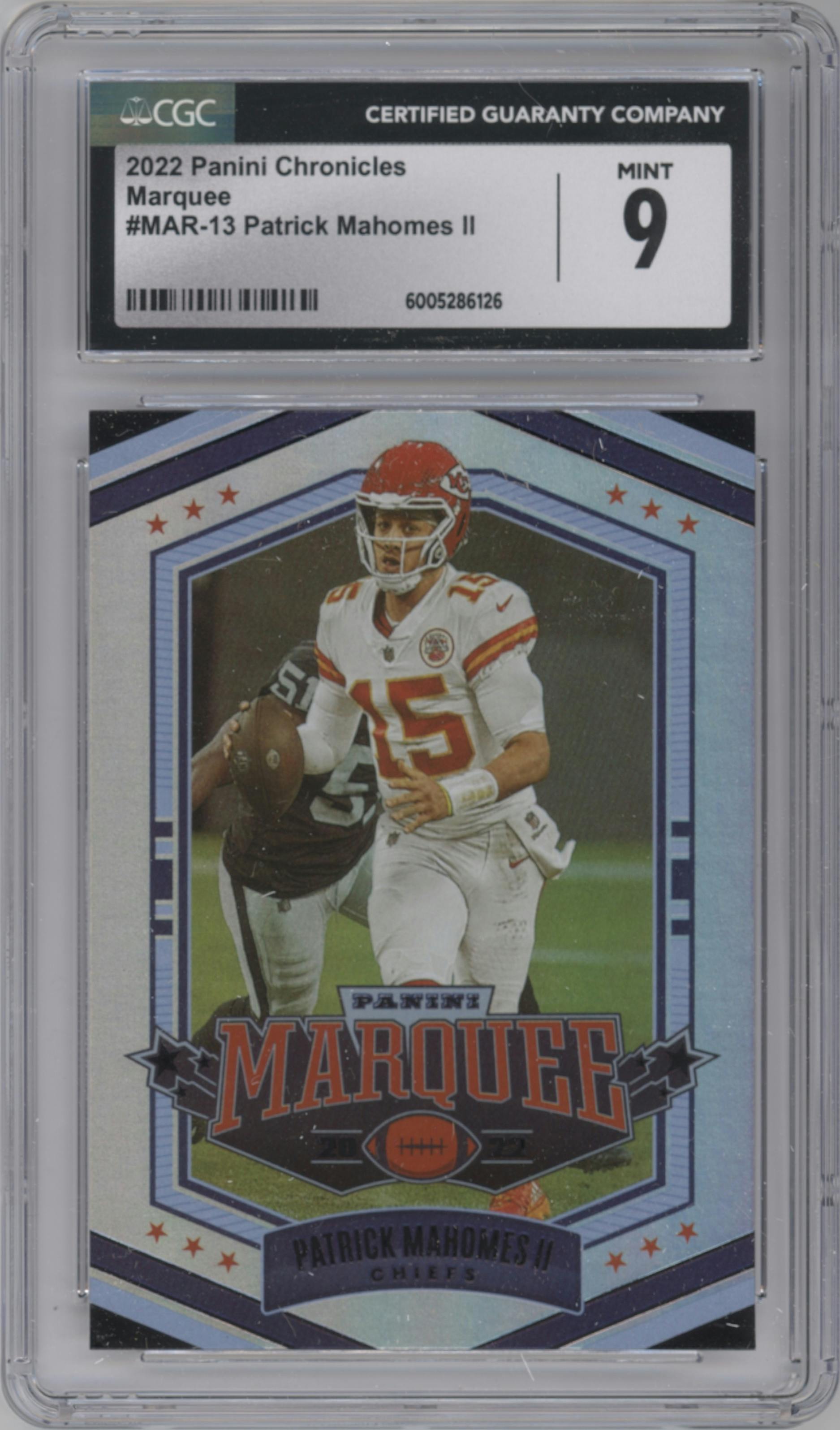 Patrick Mahomes II from the 2022 Panini Chronicles set graded by CSG and given an overall grade of 9.