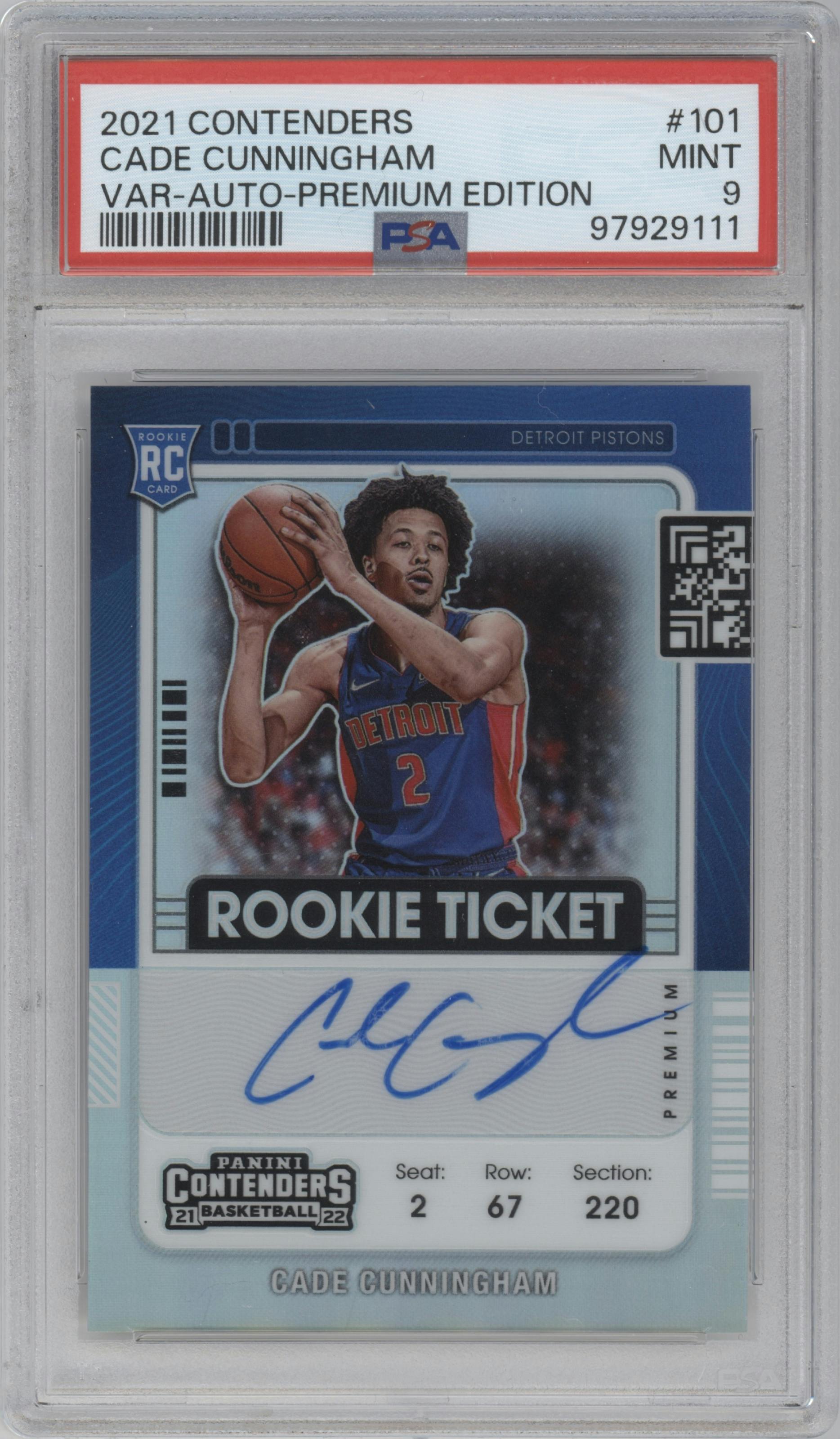 Cade Cunningham from the 2021-22 Panini Contenders  set featuring a Premium Edition parallel graded by PSA and given an overall grade of 9.