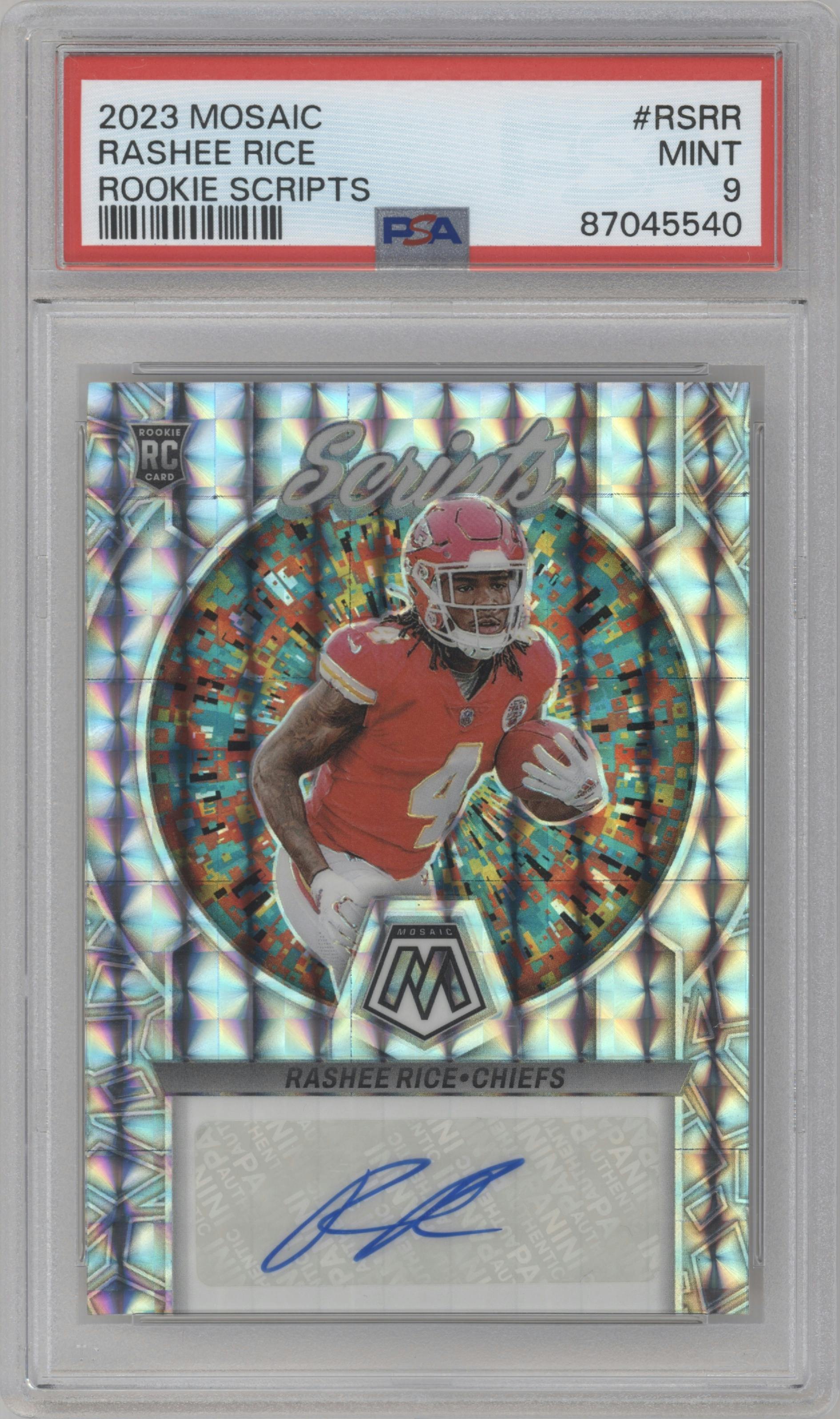 Rashee Rice from the 2023 Panini Mosaic set graded by PSA and given an overall grade of 9.