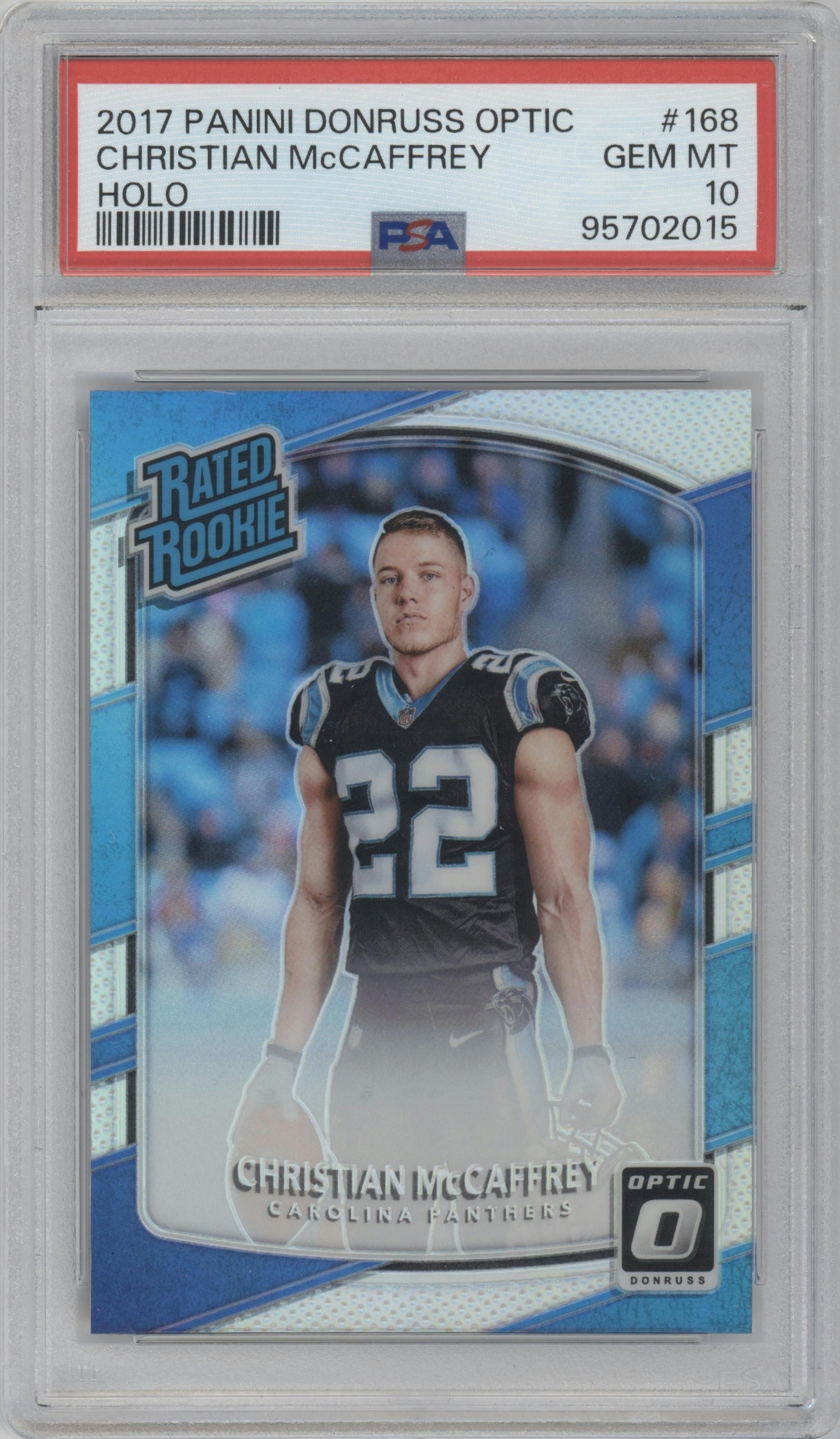 Christian McCaffrey from the 2017 Panini Donruss Optic set featuring a Holo parallel graded by PSA and given an overall grade of 10.