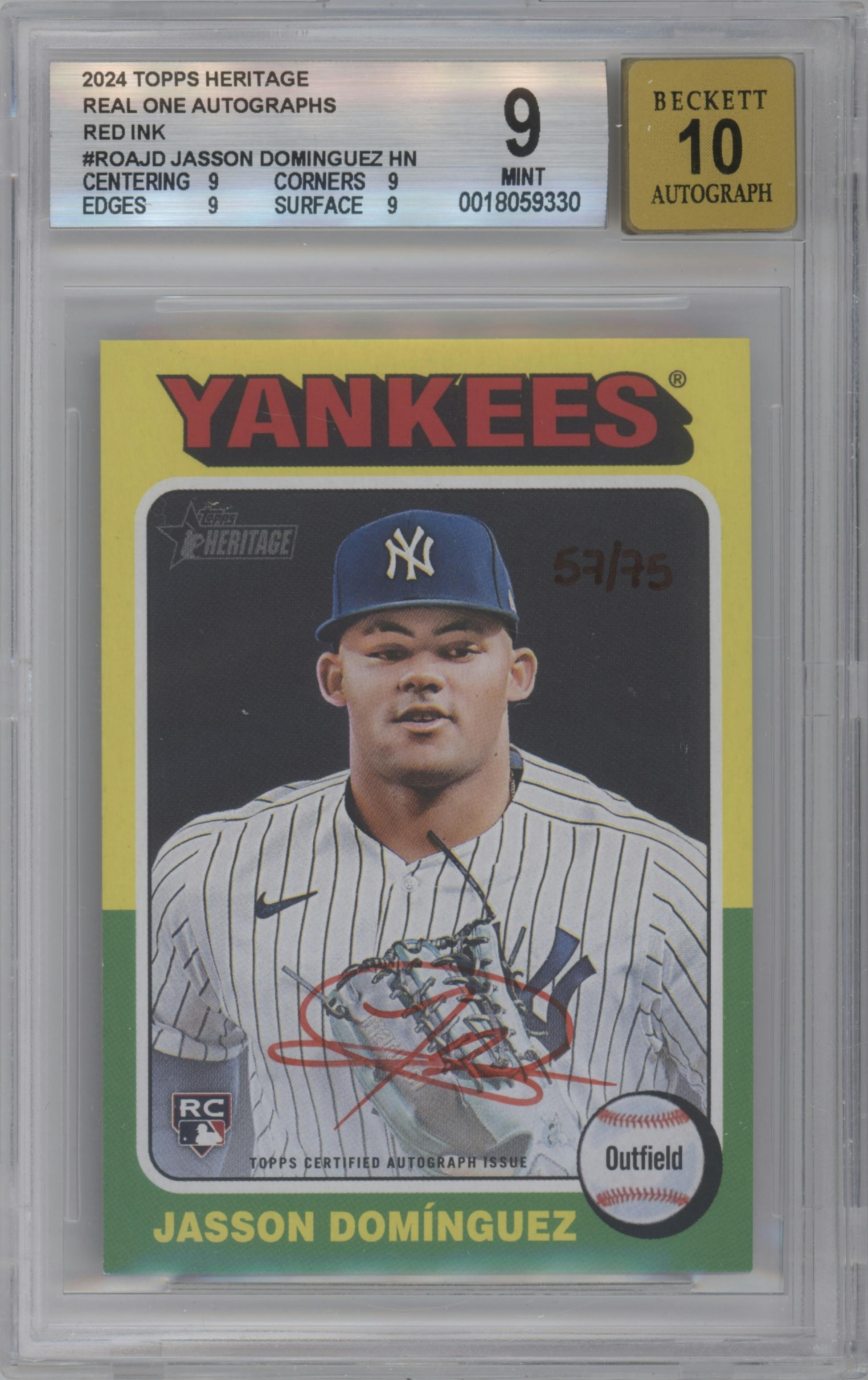 Jasson Dominguez from the 2024 Topps Heritage set featuring a Special Edition Red Ink parallel graded by Beckett and given an overall grade of 9.