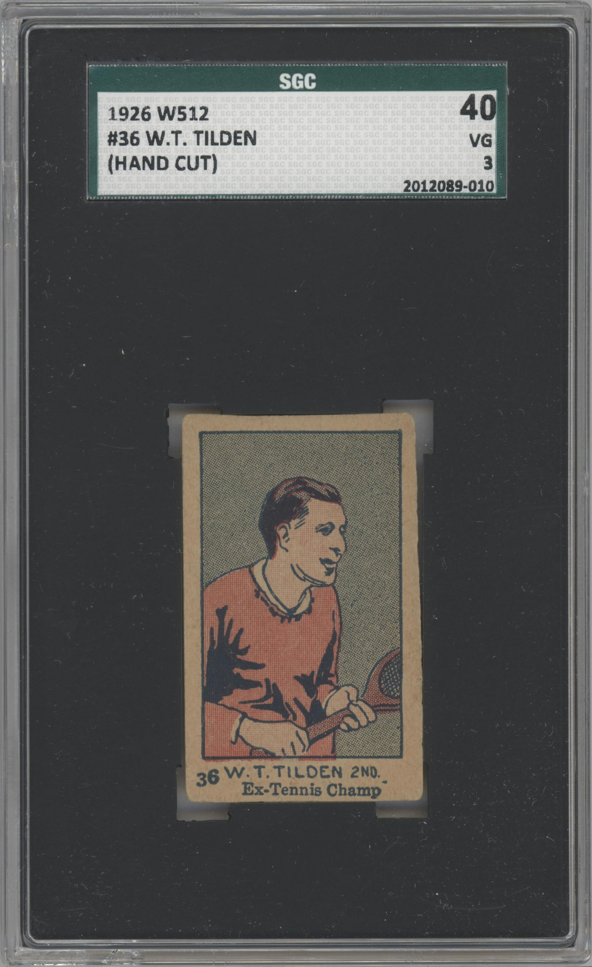 W.T. Tilden from the 1926-27 W512 set featuring a Hand Cut parallel graded by SGC and given an overall grade of 3.