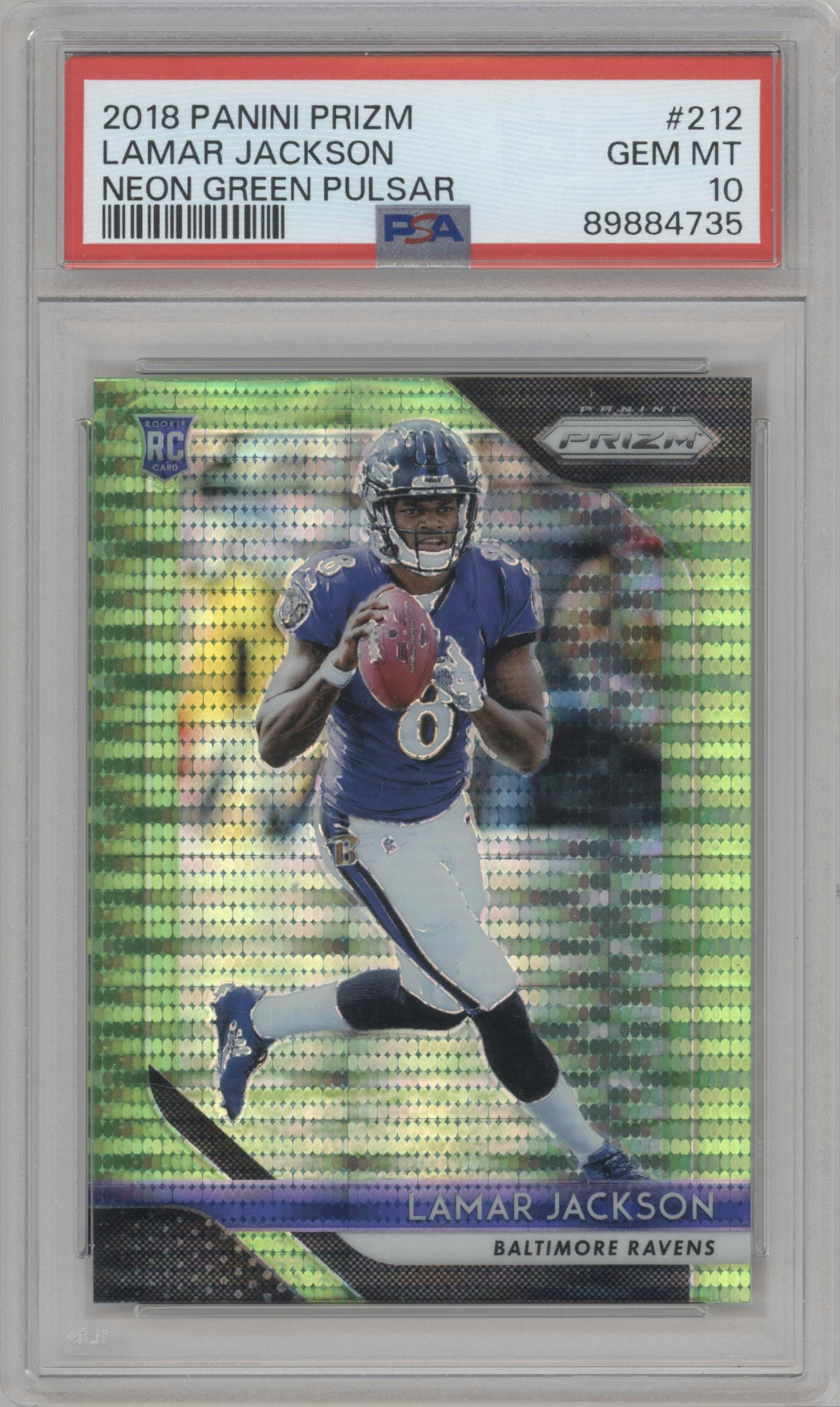 Lamar Jackson from the 2018 Panini Prizm set featuring a Neon Green Pulsar parallel graded by PSA and given an overall grade of 10.