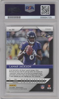 Lamar Jackson from the 2018 Panini Prizm set featuring a Neon Green Pulsar parallel graded by PSA and given an overall grade of 10.