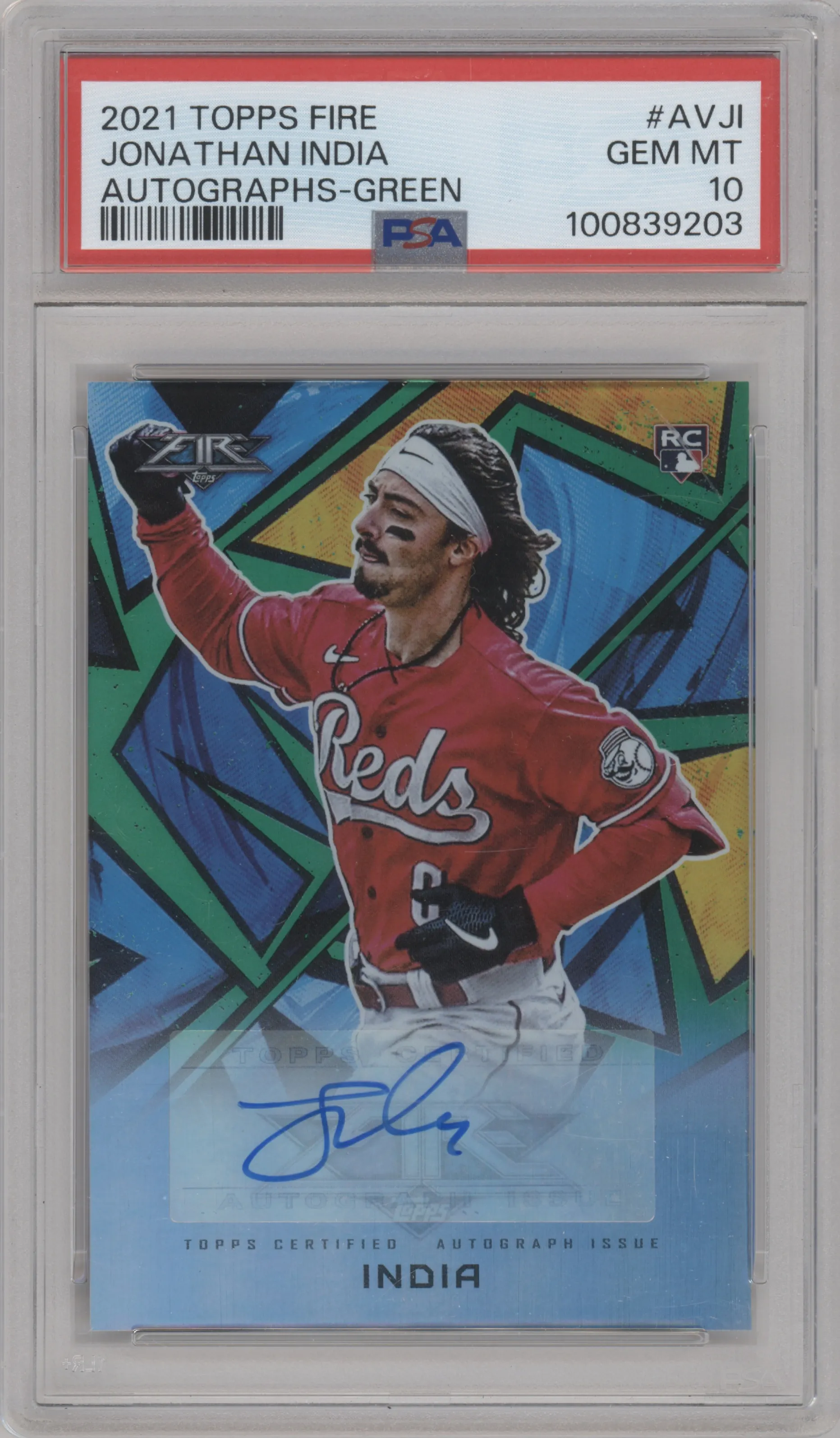 2021 Topps Fire Auto Jonathan India Green PSA 10