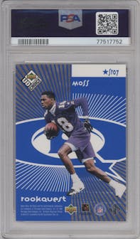 Jerry Rice/Randy Moss from the 1998 UD Choice set featuring a Blue parallel graded by PSA and given an overall grade of 9.