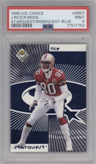 Jerry Rice/Randy Moss from the 1998 UD Choice set featuring a Blue parallel graded by PSA and given an overall grade of 9.