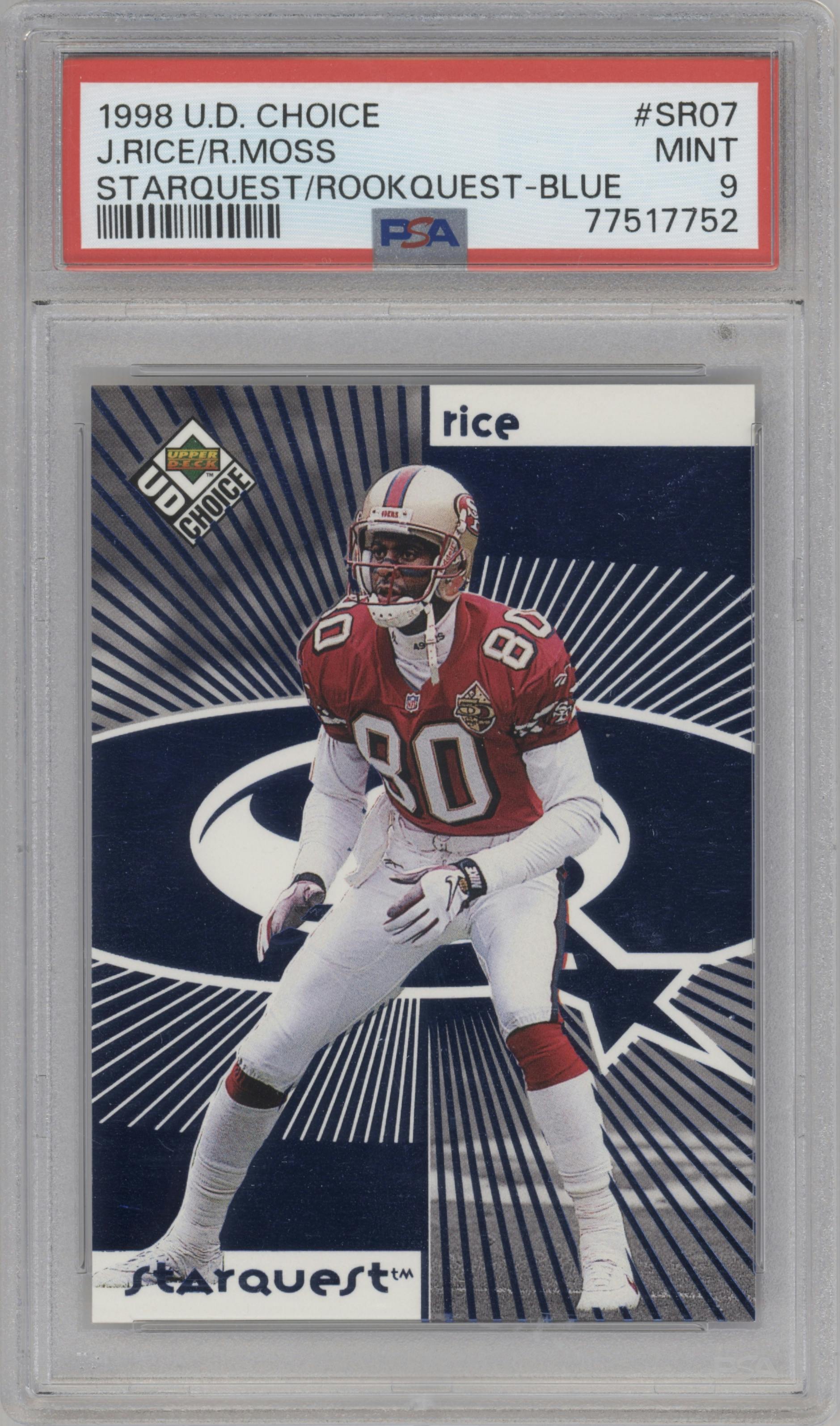 Jerry Rice/Randy Moss from the 1998 UD Choice set featuring a Blue parallel graded by PSA and given an overall grade of 9.