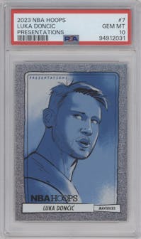Luka Doncic from the 2023-24 Panini NBA Hoops set graded by PSA and given an overall grade of 10.