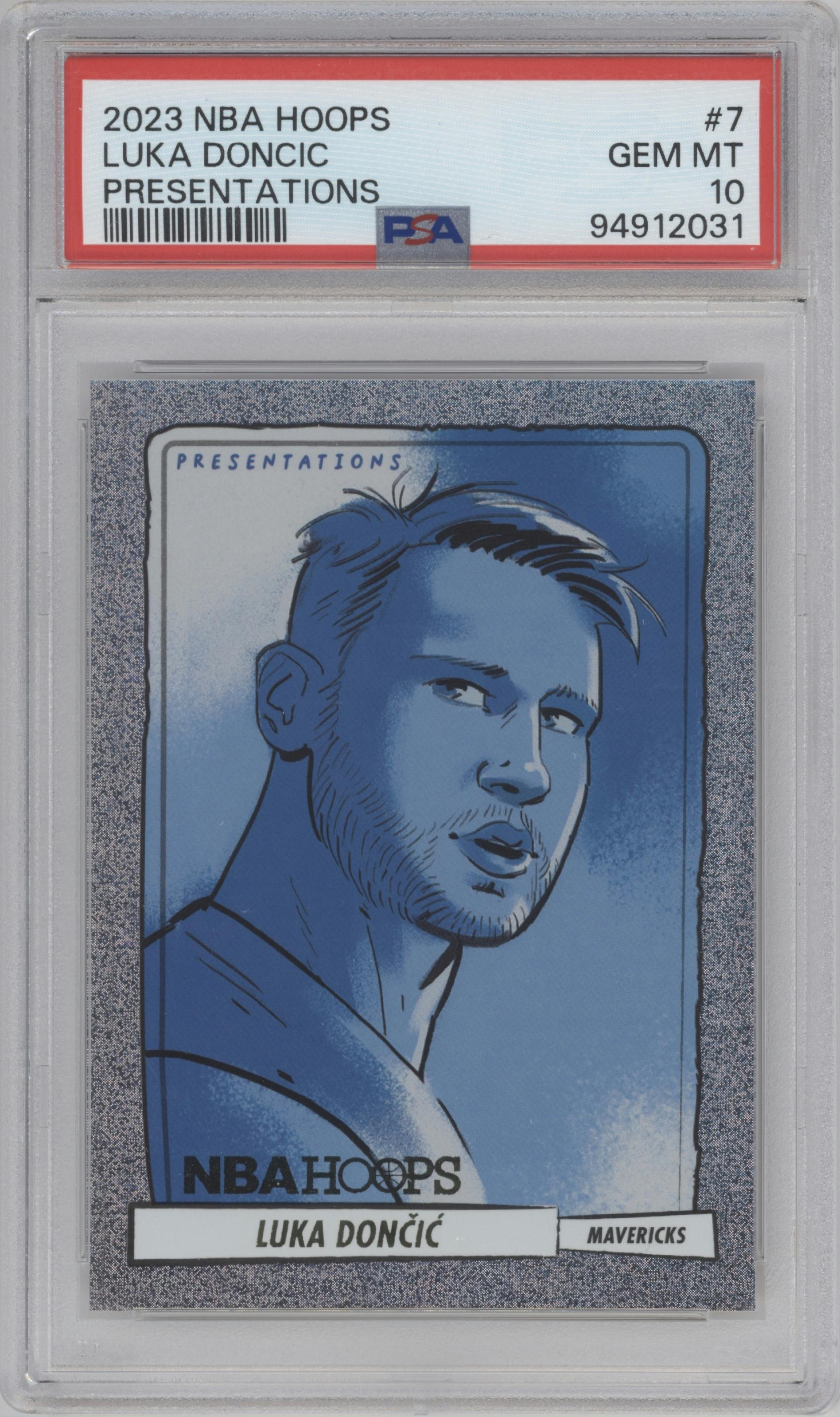 Luka Doncic from the 2023-24 Panini NBA Hoops set graded by PSA and given an overall grade of 10.