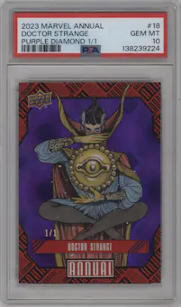 Doctor Strange from the 2023-24 Upper Deck Marvel Annual set featuring a Purple Diamond parallel graded by PSA and given an overall grade of 10.
