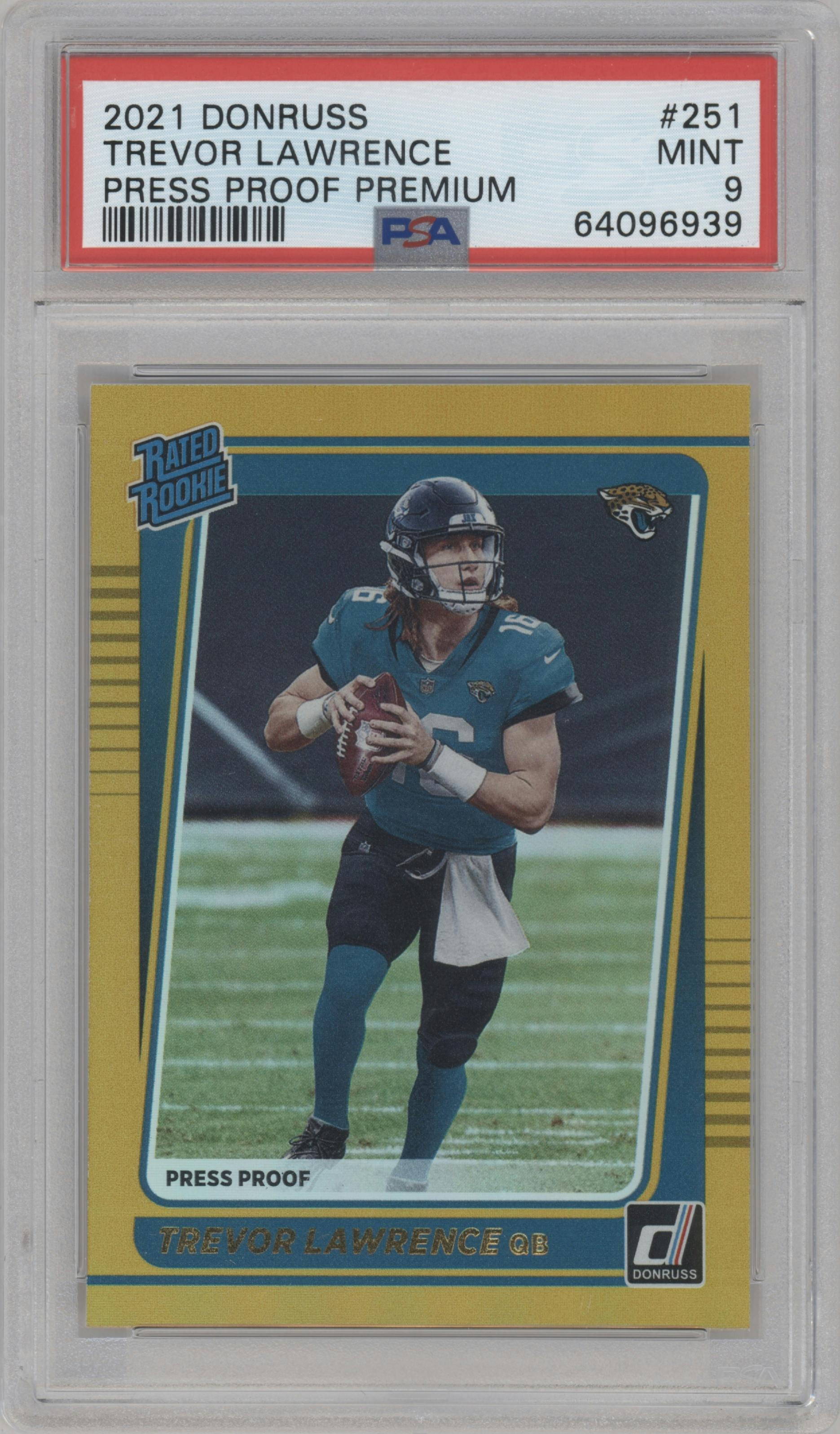 Trevor Lawrence from the 2021 Panini Donruss set featuring a Press Proof Premium parallel graded by PSA and given an overall grade of 9.