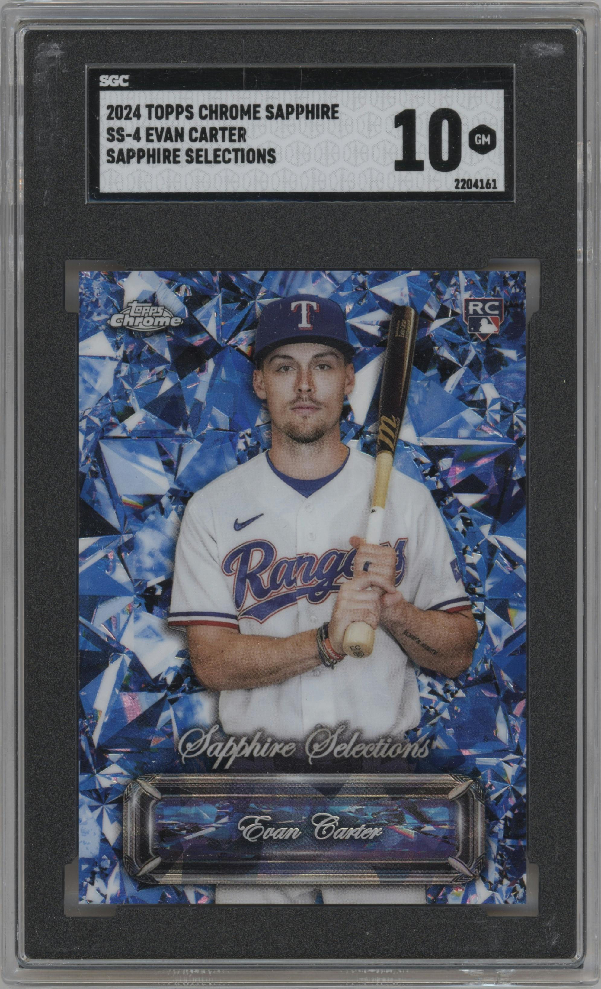 Evan Carter from the 2024 Topps Chrome Sapphire set graded by SGC and given an overall grade of 10.