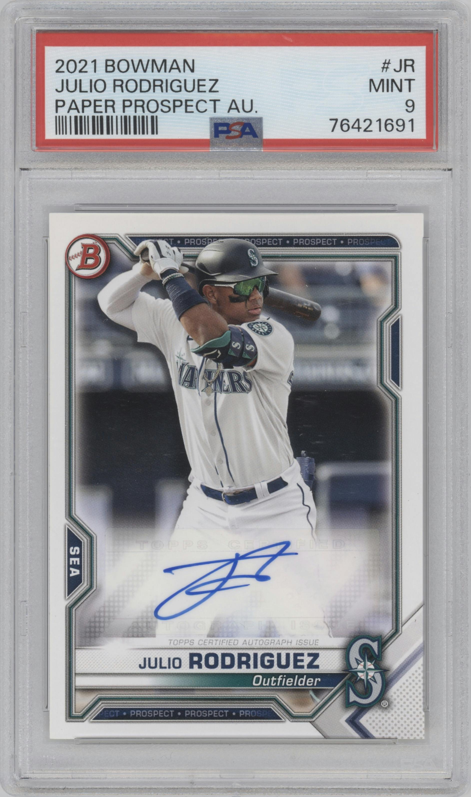 Julio Rodriguez from the 2021 Bowman set graded by PSA and given an overall grade of 9.