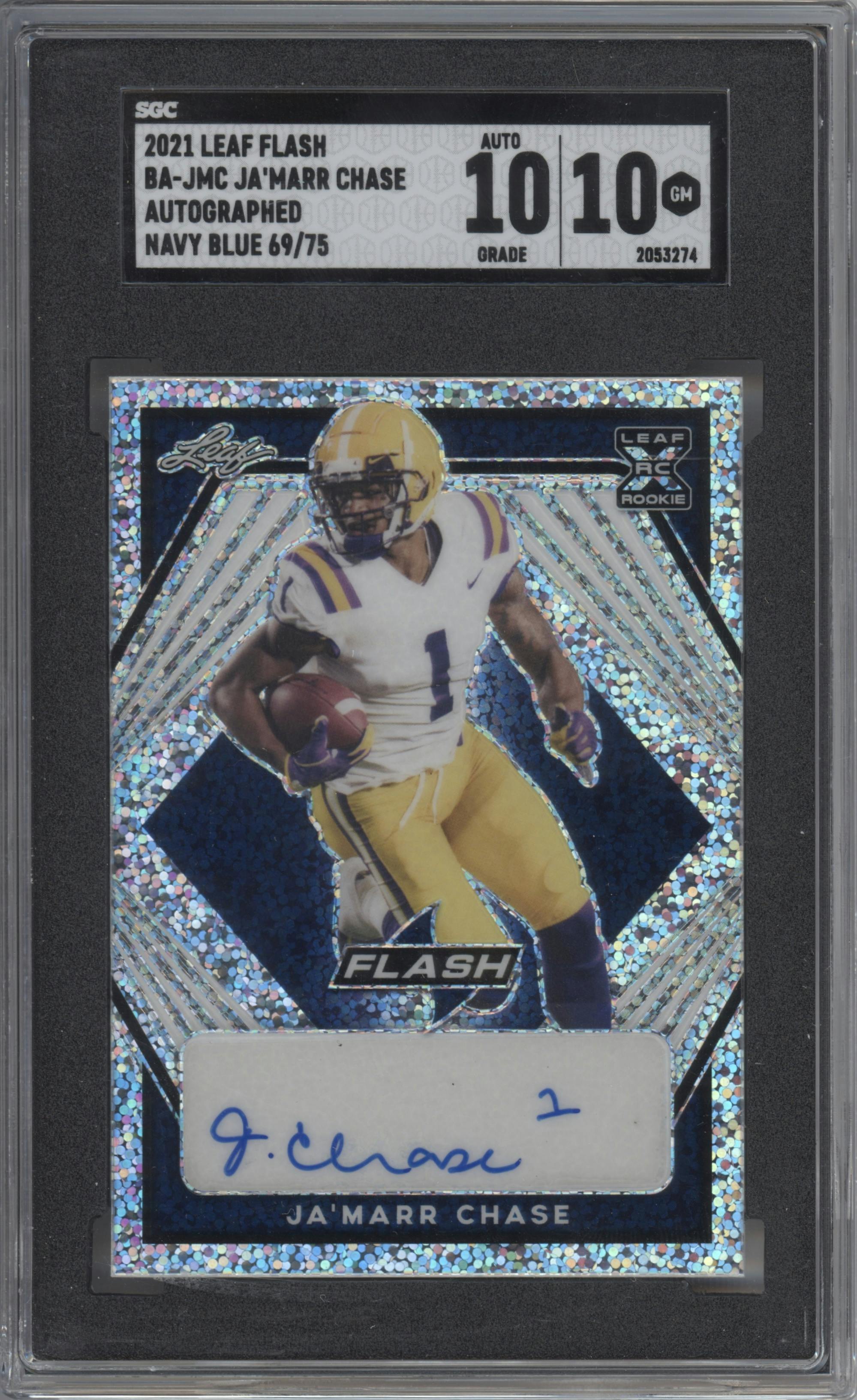 Ja’Marr Chase from the 2021 Leaf Flash set featuring a Navy Blue parallel graded by SGC and given an overall grade of 10.