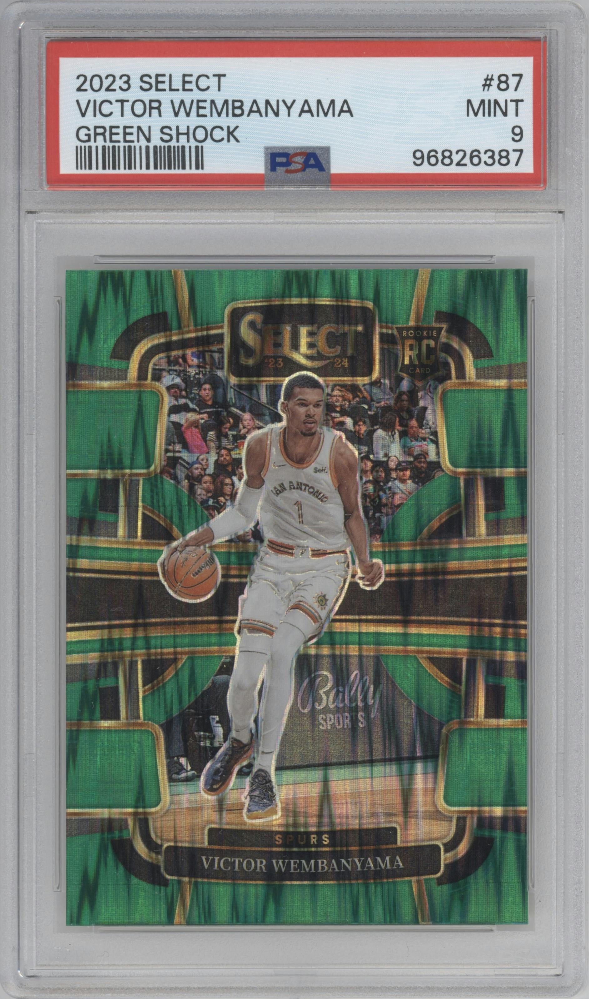 Victor Wembanyama from the 2023-24 Panini Select  set featuring a Green Shock Prizm parallel graded by PSA and given an overall grade of 9.