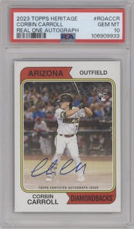 Corbin Carroll from the 2023 Topps Heritage set graded by PSA and given an overall grade of 10.