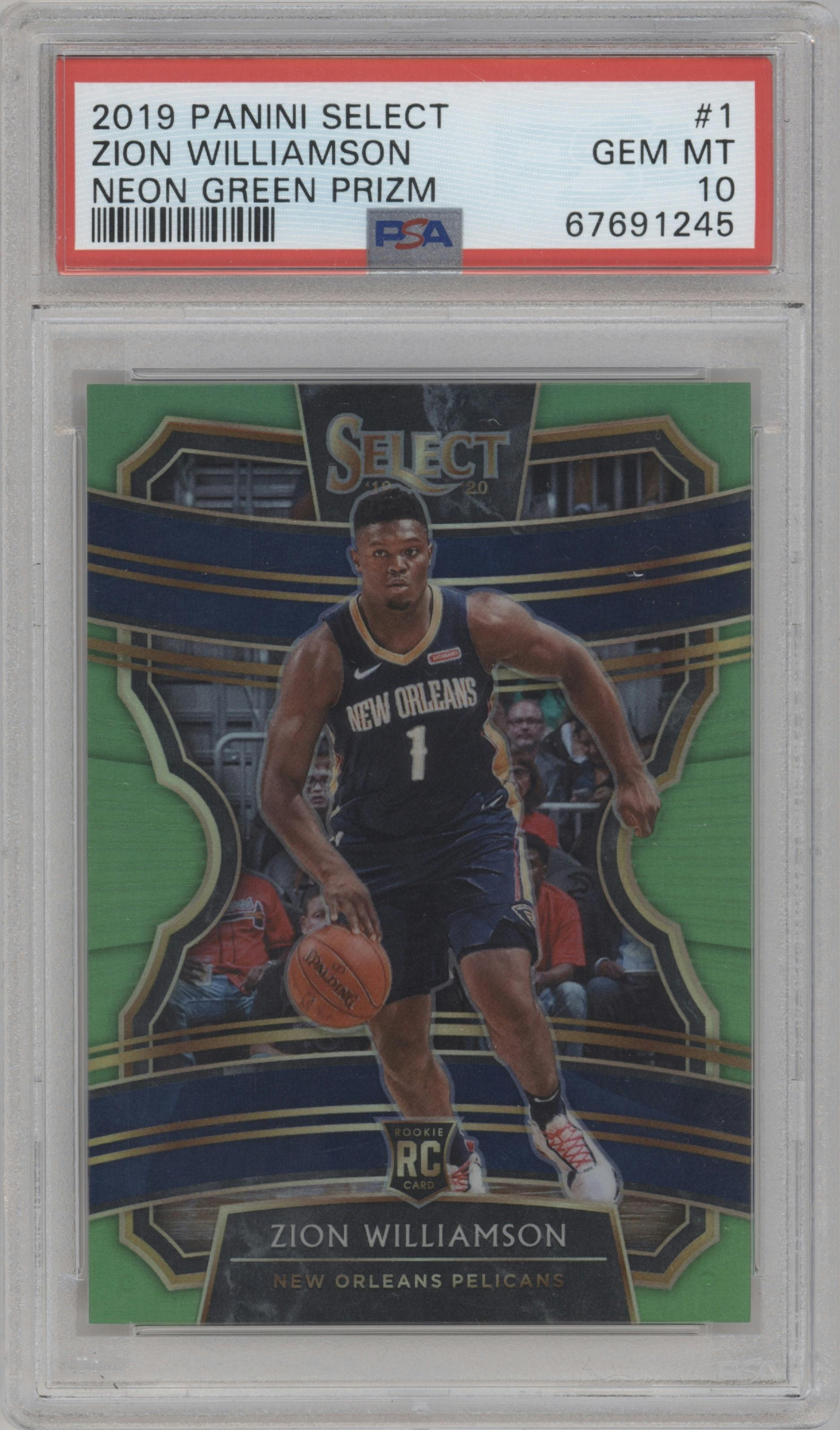 Zion Williamson from the 2019-20 Panini Select set featuring a Neon Green  parallel graded by PSA and given an overall grade of 10.