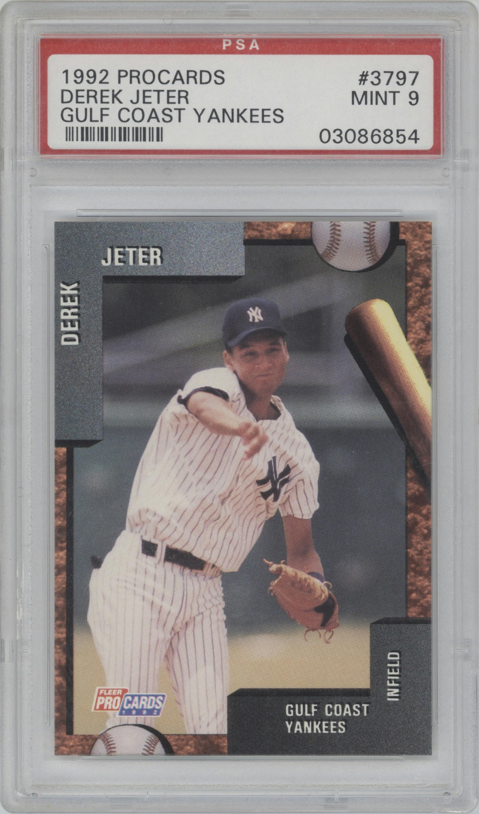 Derek Jeter from the 1992 Fleer ProCards set graded by PSA and given an overall grade of 9.