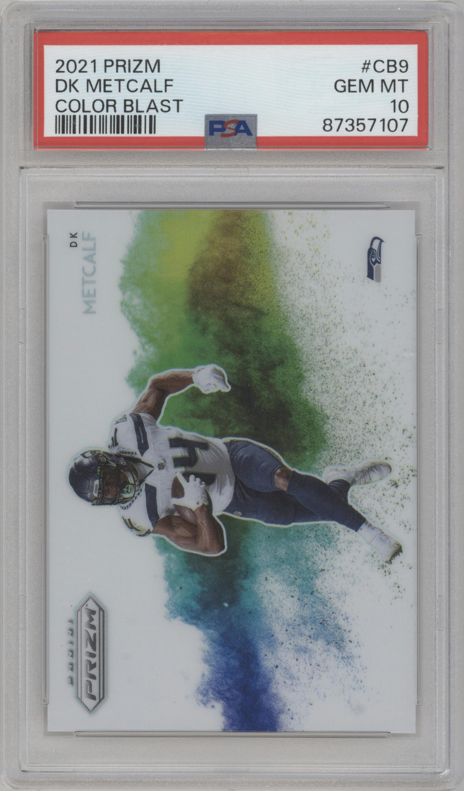 DK Metcalf from the 2021 Panini Prizm set graded by PSA and given an overall grade of 10.