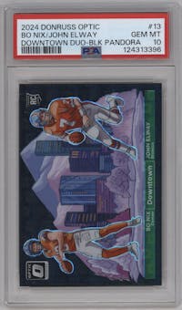 Bo Nix/John Elway from the 2024 Donruss Optic set featuring a Black Pandora parallel graded by PSA and given an overall grade of 10.