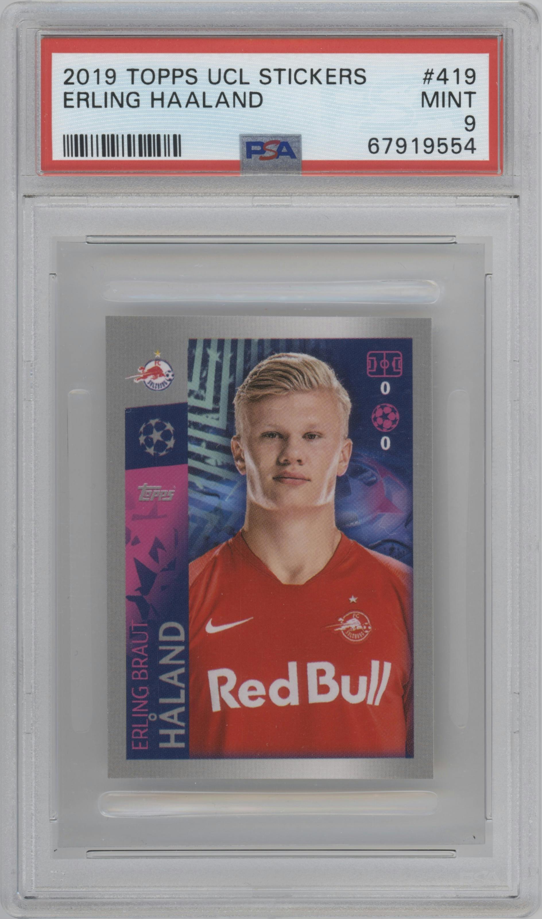 Erling Braut Haland from the 2019-20 Topps UEFA Champions League Official Stickers set graded by PSA and given an overall grade of 9.