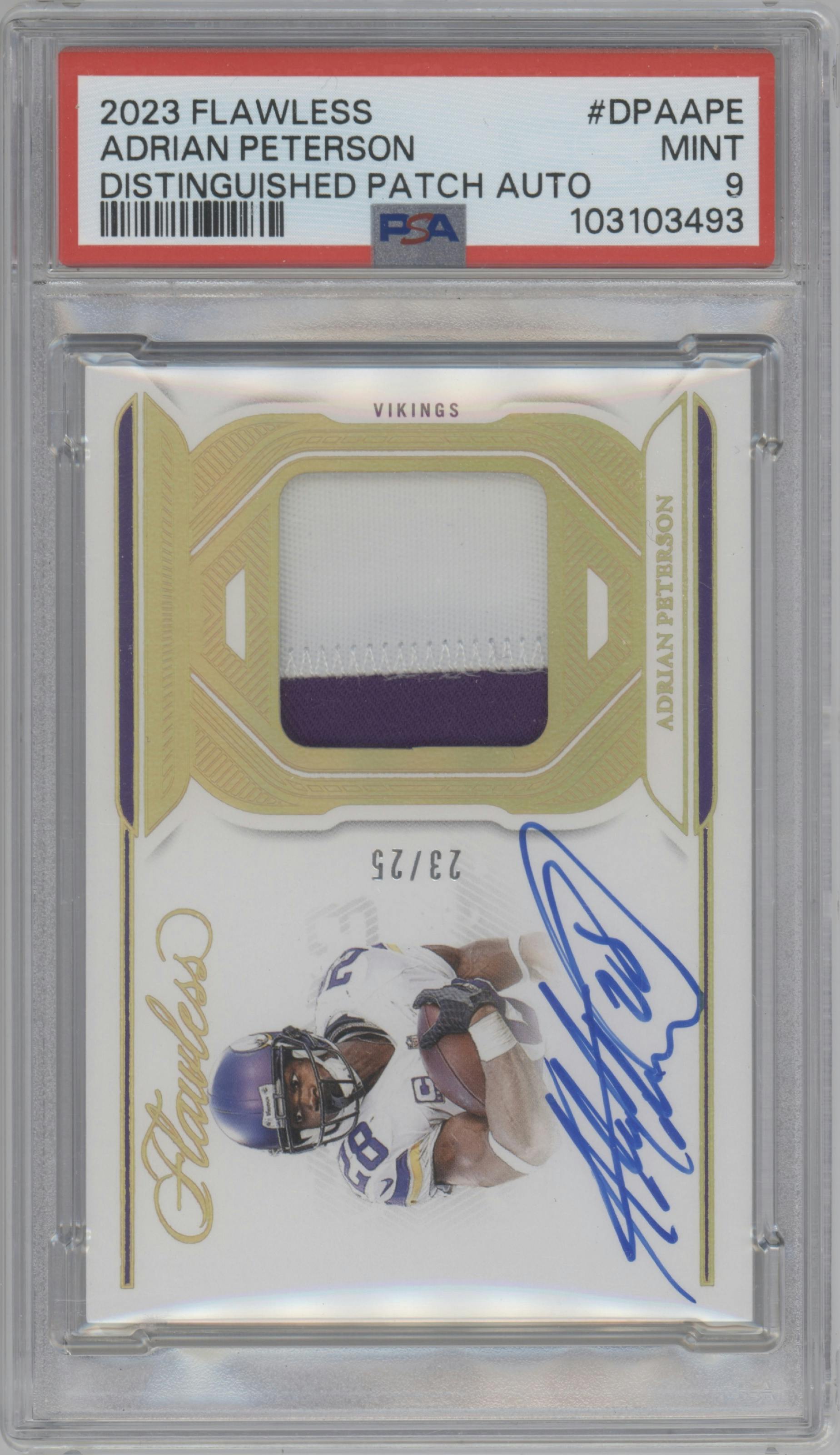Adrian Peterson from the 2023 Panini Flawless set graded by PSA and given an overall grade of 9.