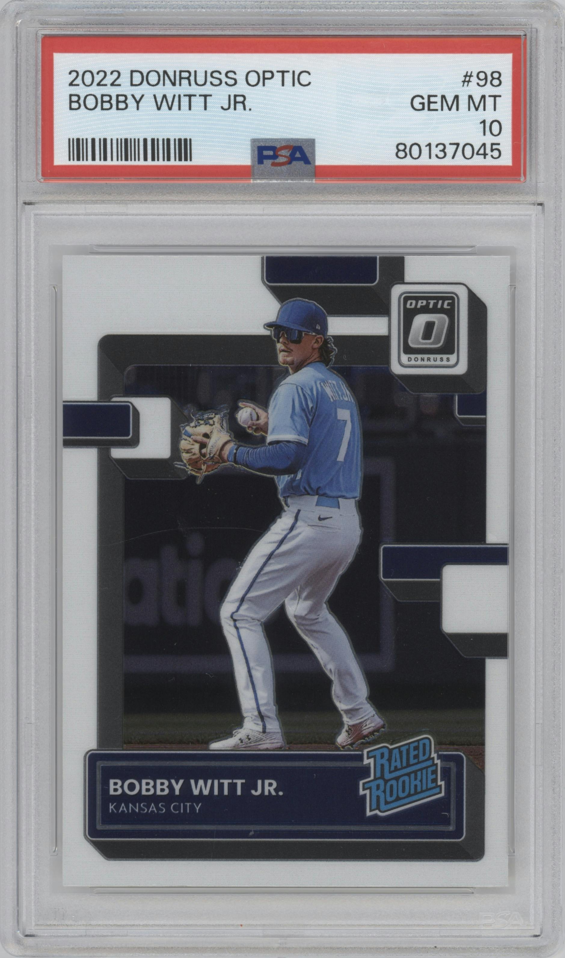 Bobby Witt Jr. from the 2022 Donruss Optic set graded by PSA and given an overall grade of 10.