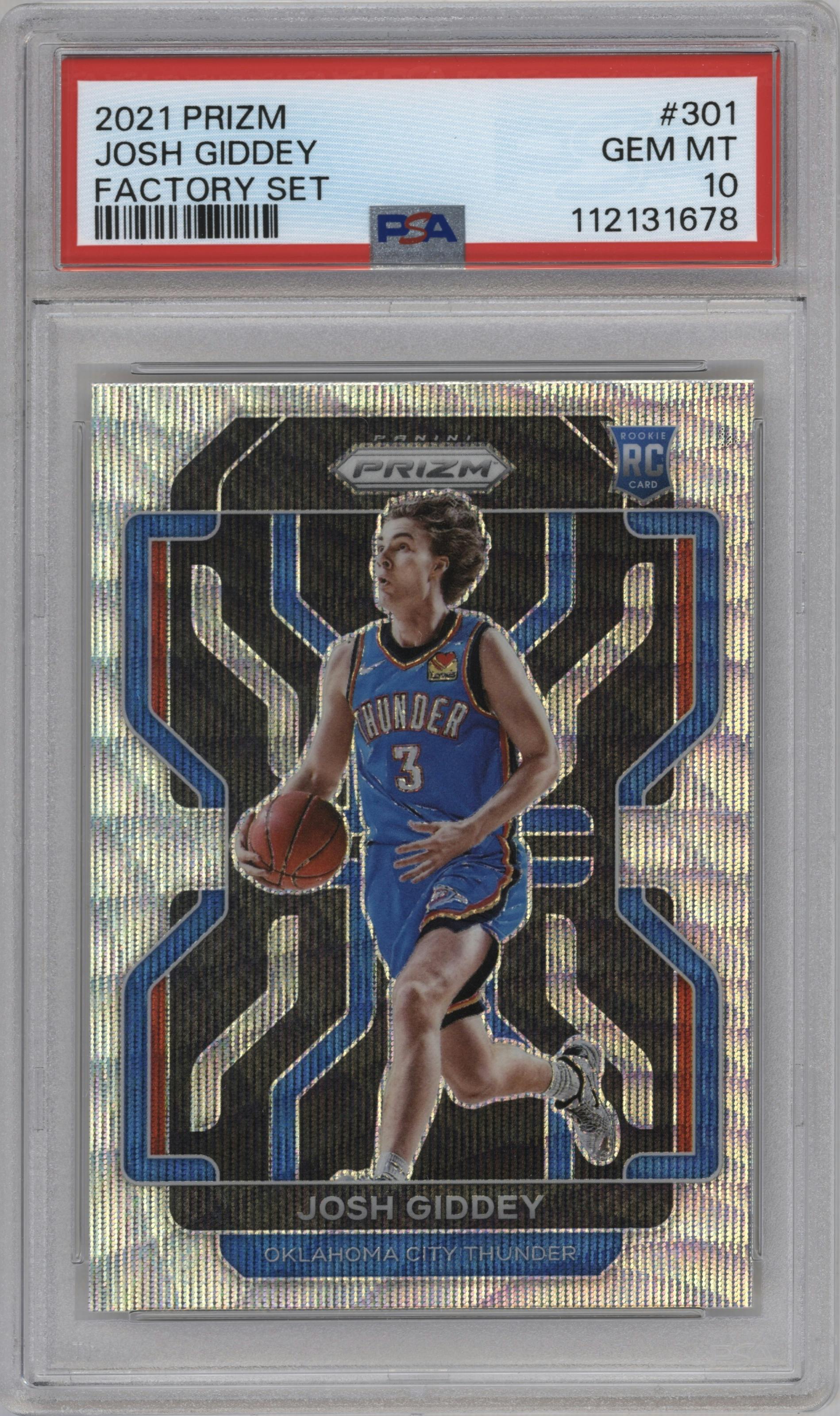 Josh Giddey from the 2021-22 Panini Prizm  set featuring a Factory Set parallel graded by PSA and given an overall grade of 10.