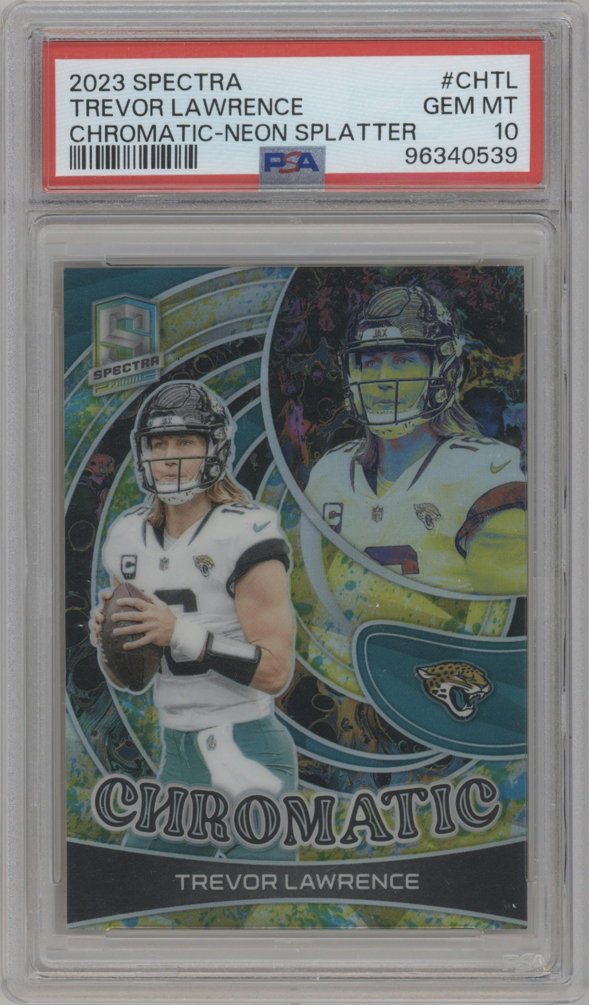 Trevor Lawrence from the 2023 Panini Spectra set featuring a Neon Splatter parallel graded by PSA and given an overall grade of 10.