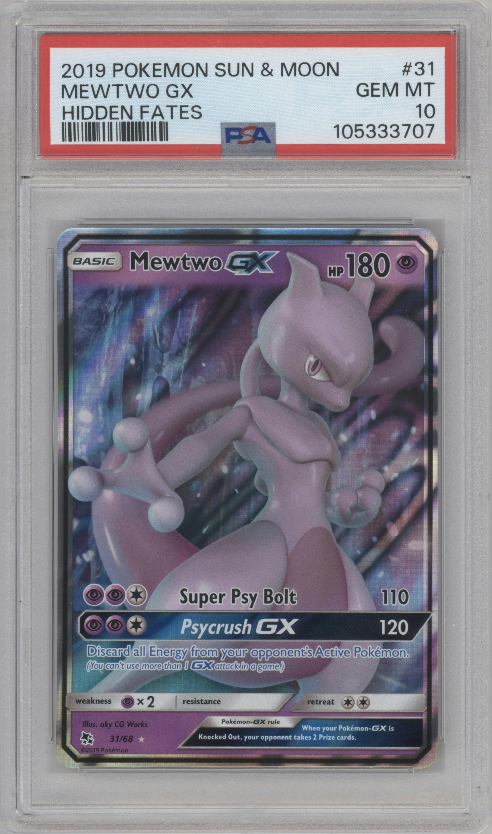 Mewtwo GX from the 2019 Pokemon S&M  set graded by PSA and given an overall grade of 10.